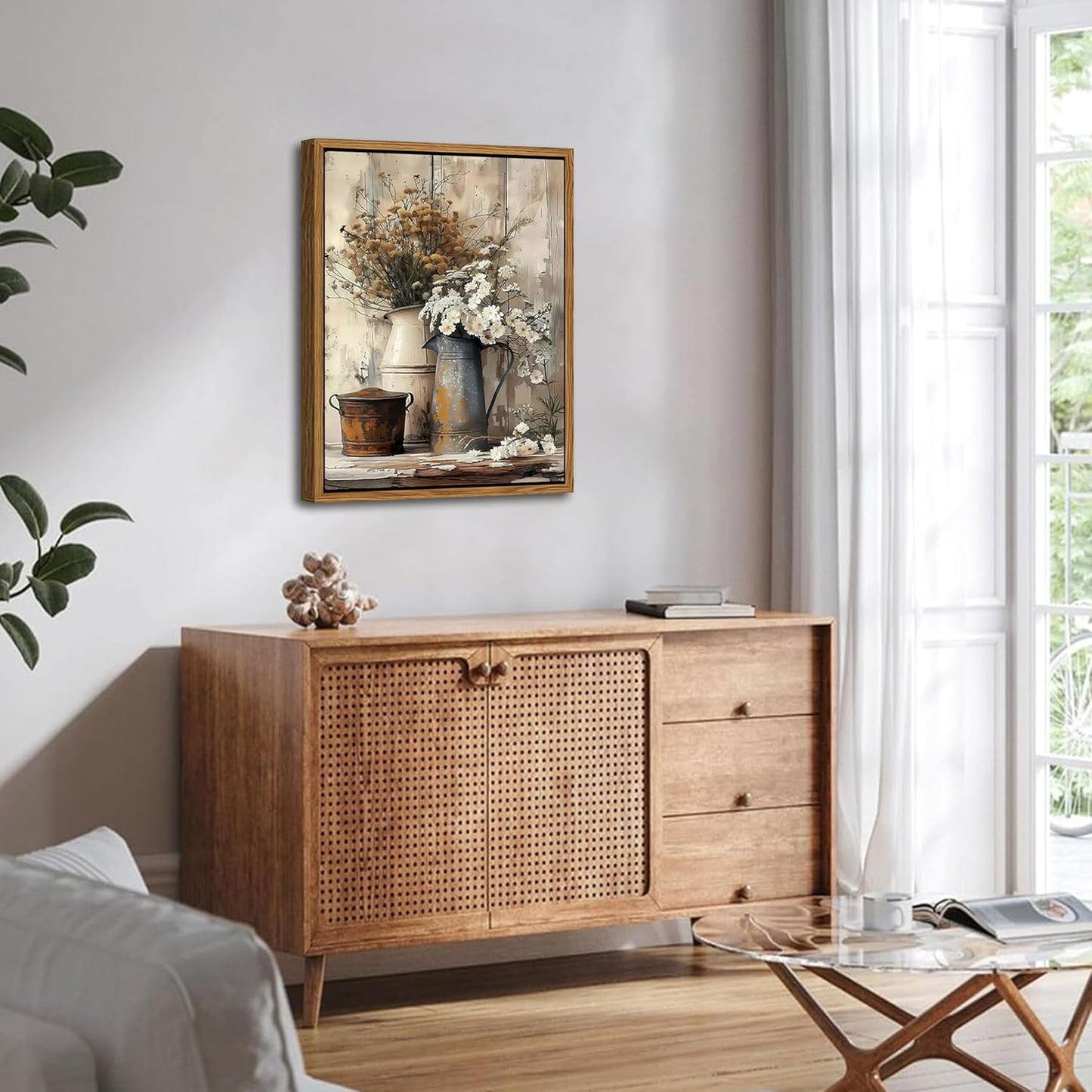 Floating Framed Farmhouse Vintage Canvas Wall Art, Country Floral Daisy Pictures Wall Decor, Wood Grain Art Paintings Poster for Living Room Bedroom Bathroom Rustic Decor 16x24 inch