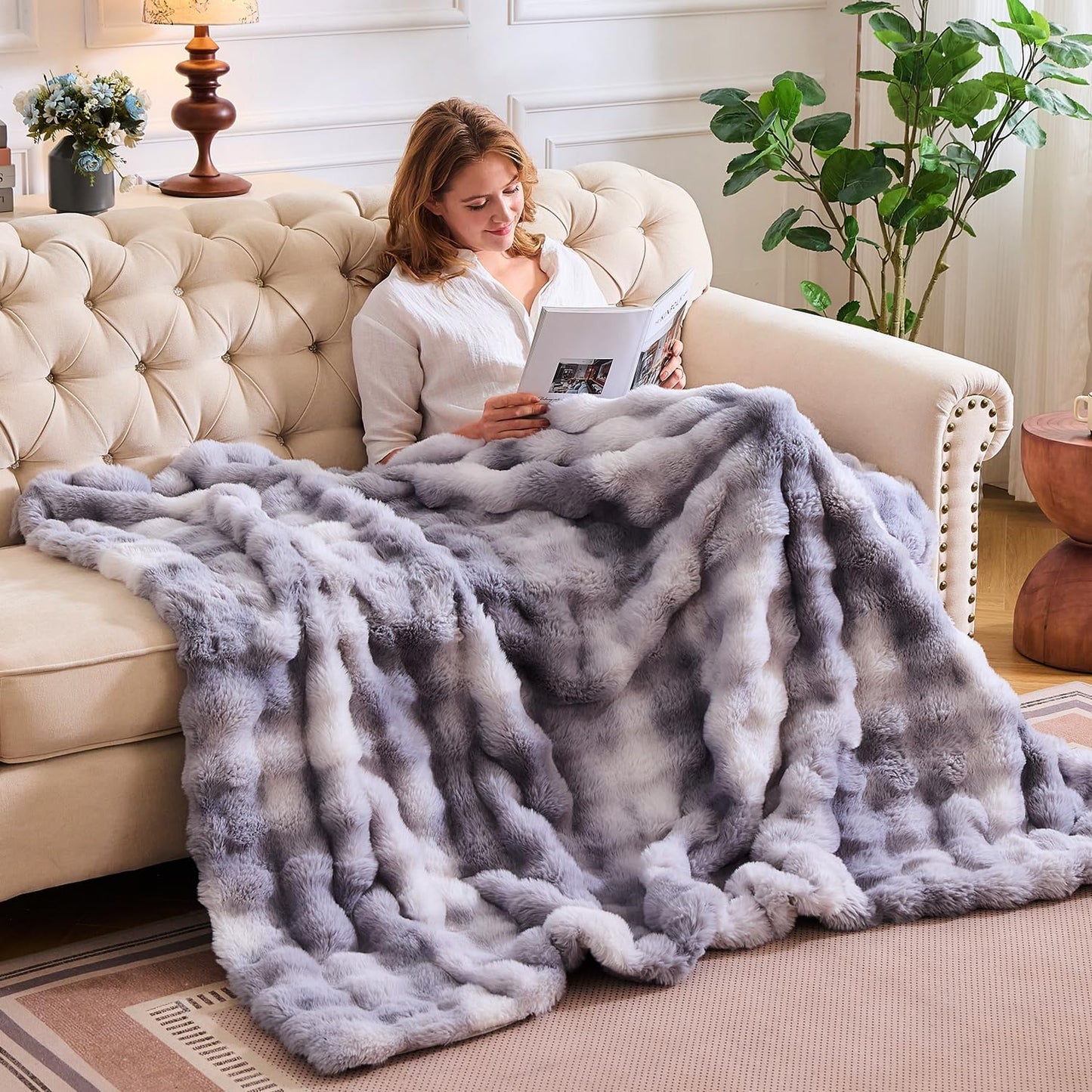 Lotus Karen Queen Size Faux Fur Blanket Tie-Dye Gray - Big Bubble Rabbit Fluff Throw for Bed Large Fluffy Fuzzy Cozy Thick Furry Plush Shaggy Blankets for Men 90x90 Inches