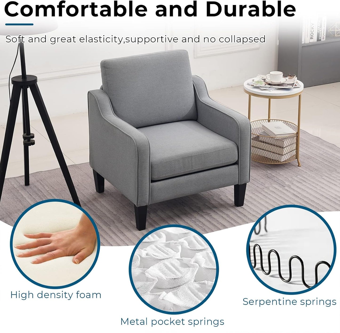 VINGLI Modern Accent Chairs Set of 2, Grey Living Room Chairs Comfy Armchair for Bedroom, Upholstered Sofa Chair Reading Chair for Small Spaces, Apartment, Waiting Room