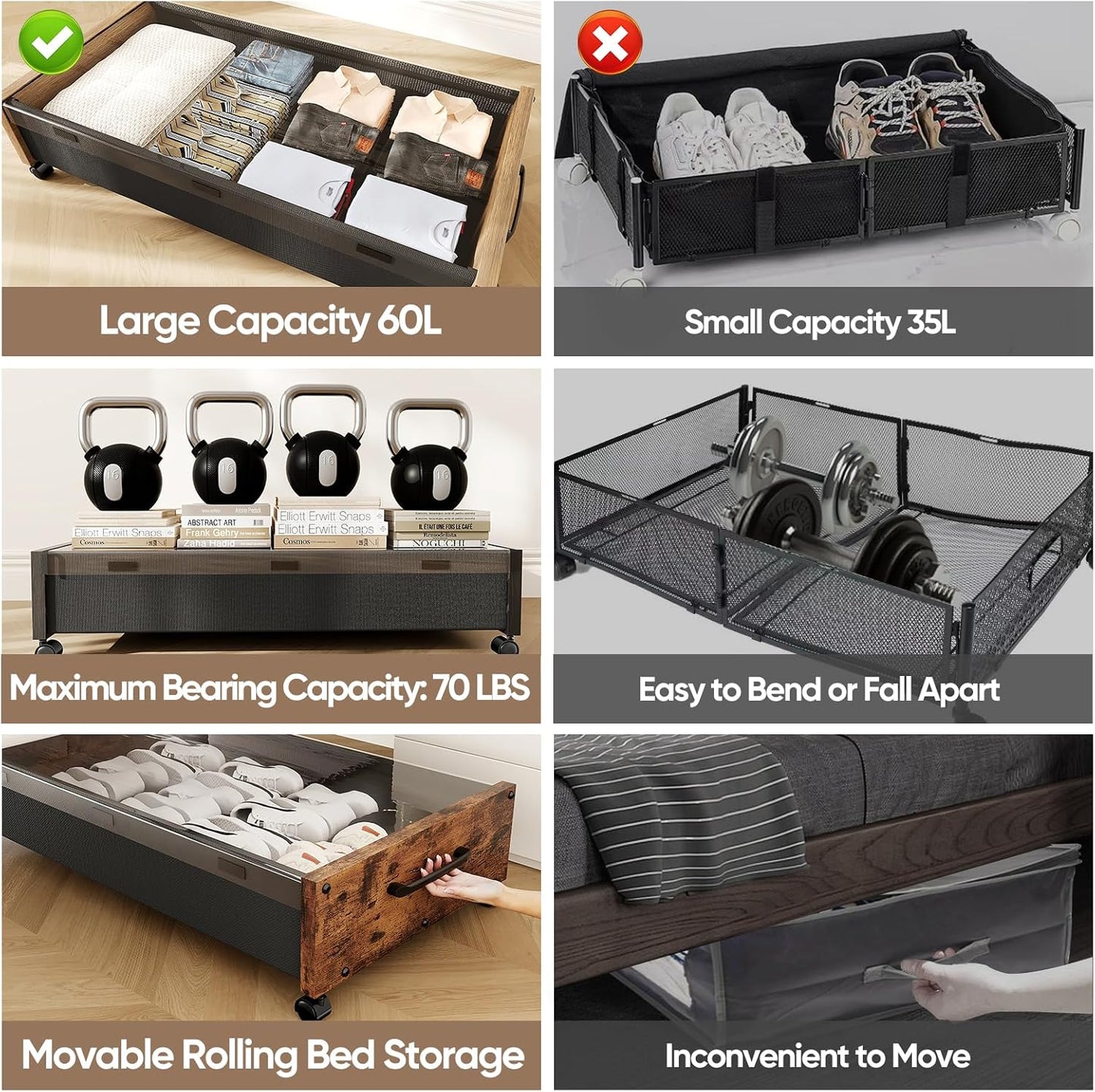 Wooden Under Bed Storage with Wheels, Rolling Under the Bed Storage Bins with Removable Lid, Metal Under Bed Drawers for Clothes and Shoes in Bedroom or Living Room(Black Wood-2pack)