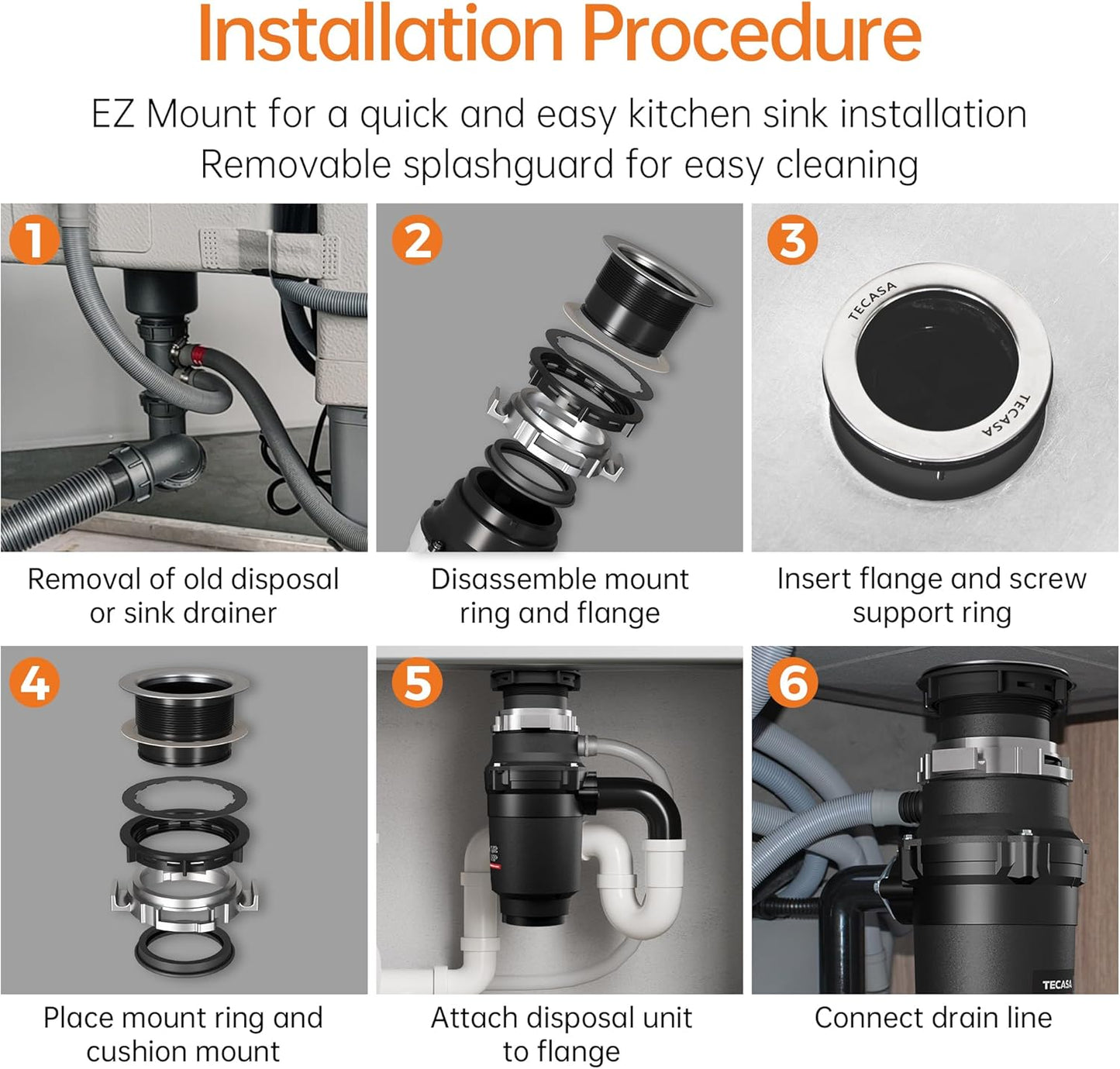 1/2 HP Garbage Disposals, TECASA Continuous Feed, Stainless Steel Food Waste Grinding System for Kitchen Sink Food Waste, Power Cord Included, Black - HyperCrush 50