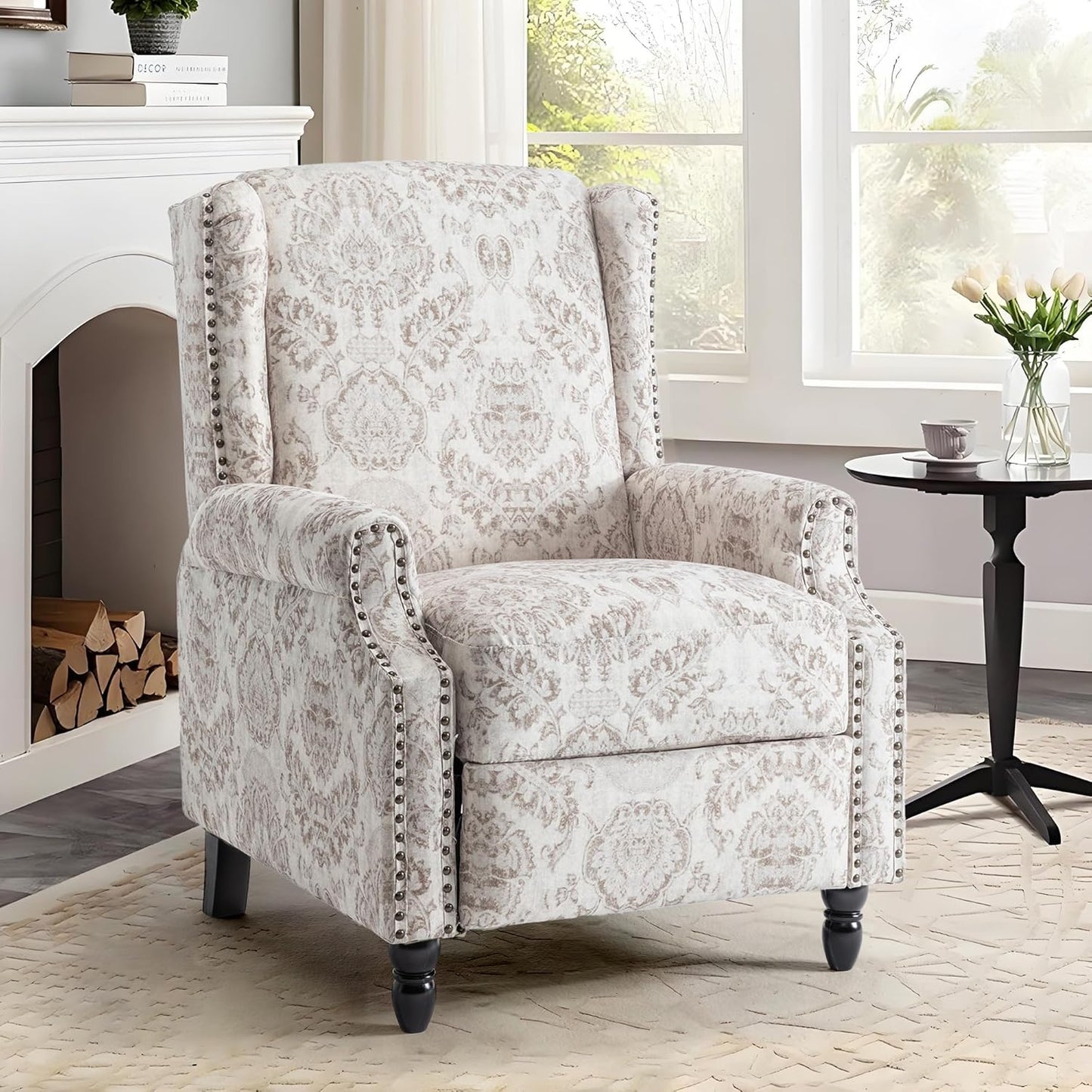 UIXE Recliner Chair, Fabric Upholstered Armchair Pushback Accent Chair for Living Room, Floral Rivet Trim Club Chair Home Theater Single Sofa Reading Seat - Beige Pattern