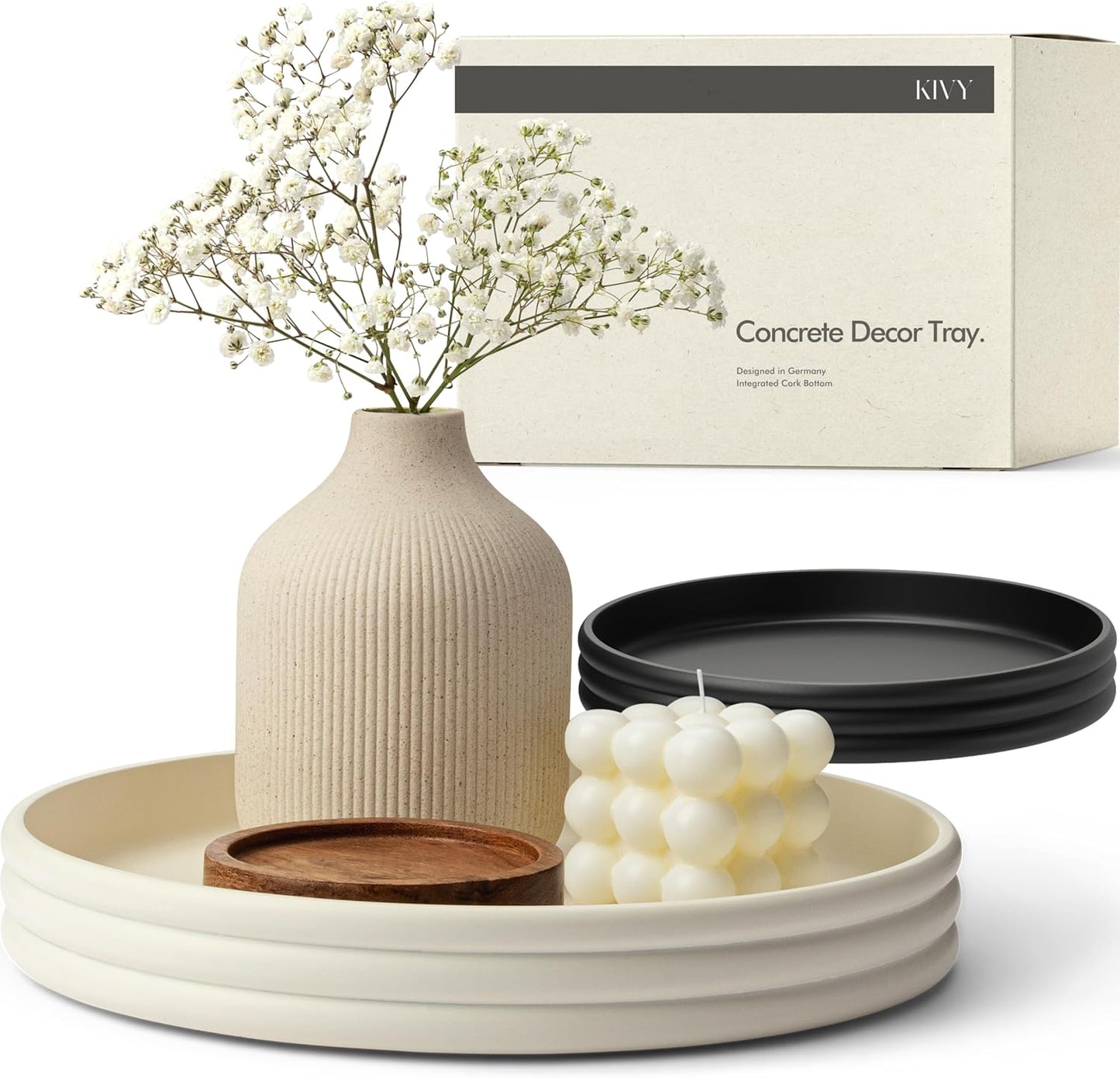 KIVY Round Decorative Concrete Tray 11x1,5 Inch - Modern Circle Coffee Table Tray - Home Decor Flat Bowl for Livingroom & Bedroom - Bandejas Decorativas - Circle Coffee Table Centerpiece (Cream)