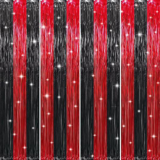 GOER 3.2 ft x8.2 ft Metallic Tinsel Foil Fringe Curtains Party Photo Backdrop Party Streamers for Birthday,Graduation,New Year Eve Decorations Wedding Decor (4 Pcs,Black&Red)