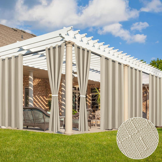 HolidayIdeas 6 Panels Linen Outdoor Curtains for Patio Waterproof Cream Outside Curtains 54"x84"-Indoor/Outdoor Gazebo Curtains Weatherproof, Privacy for Pergola, Porch, Cabana, Living Room, Deck