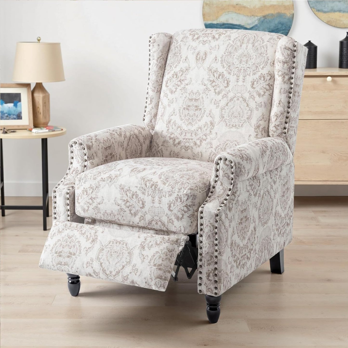 UIXE Recliner Chair, Fabric Upholstered Armchair Pushback Accent Chair for Living Room, Floral Rivet Trim Club Chair Home Theater Single Sofa Reading Seat - Beige Pattern