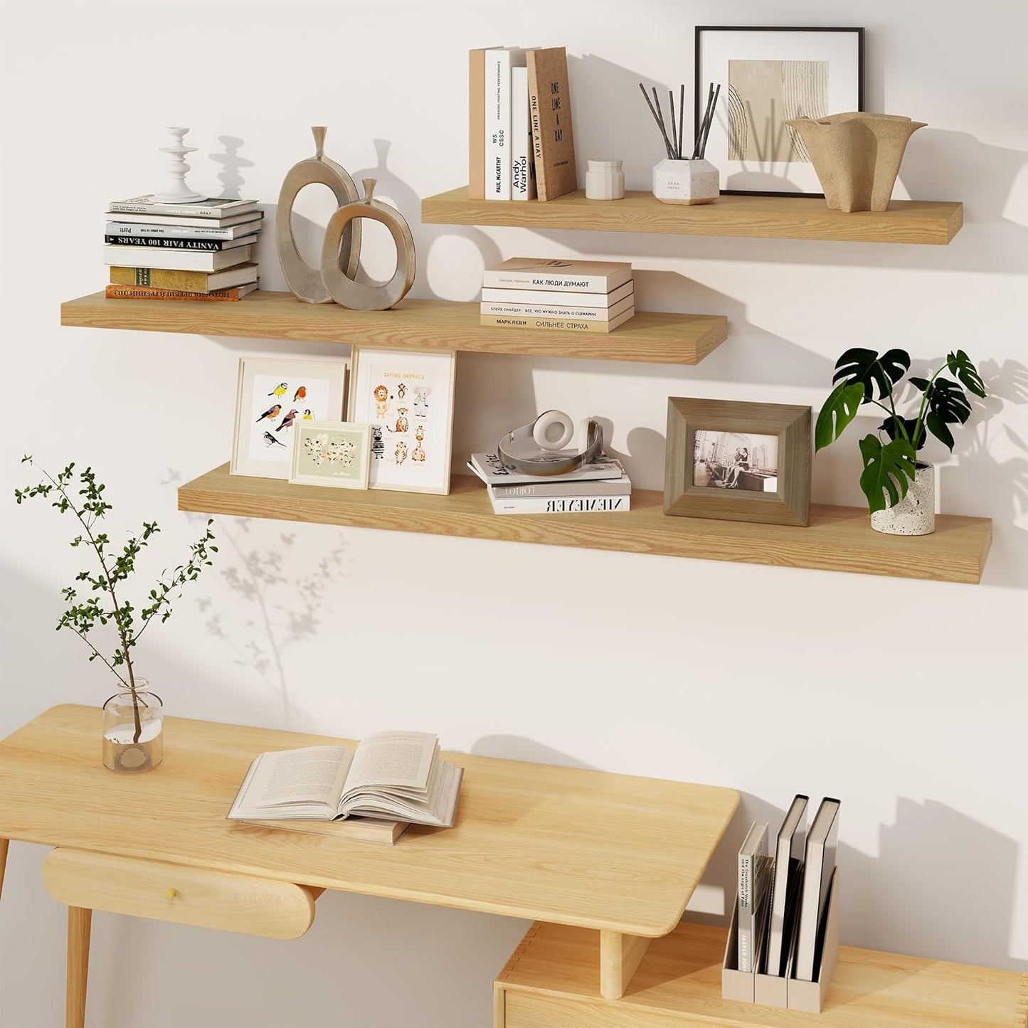 Fun Memories Floating Shelves, 8 Inch Deep Floating Shelves, Rustic Wood Fireplace Mantel 48 in Long, 48 x 8 Floating Wall Shelves for Living Room, Kitchen, Bedroom, Oak Color, 1 Pack