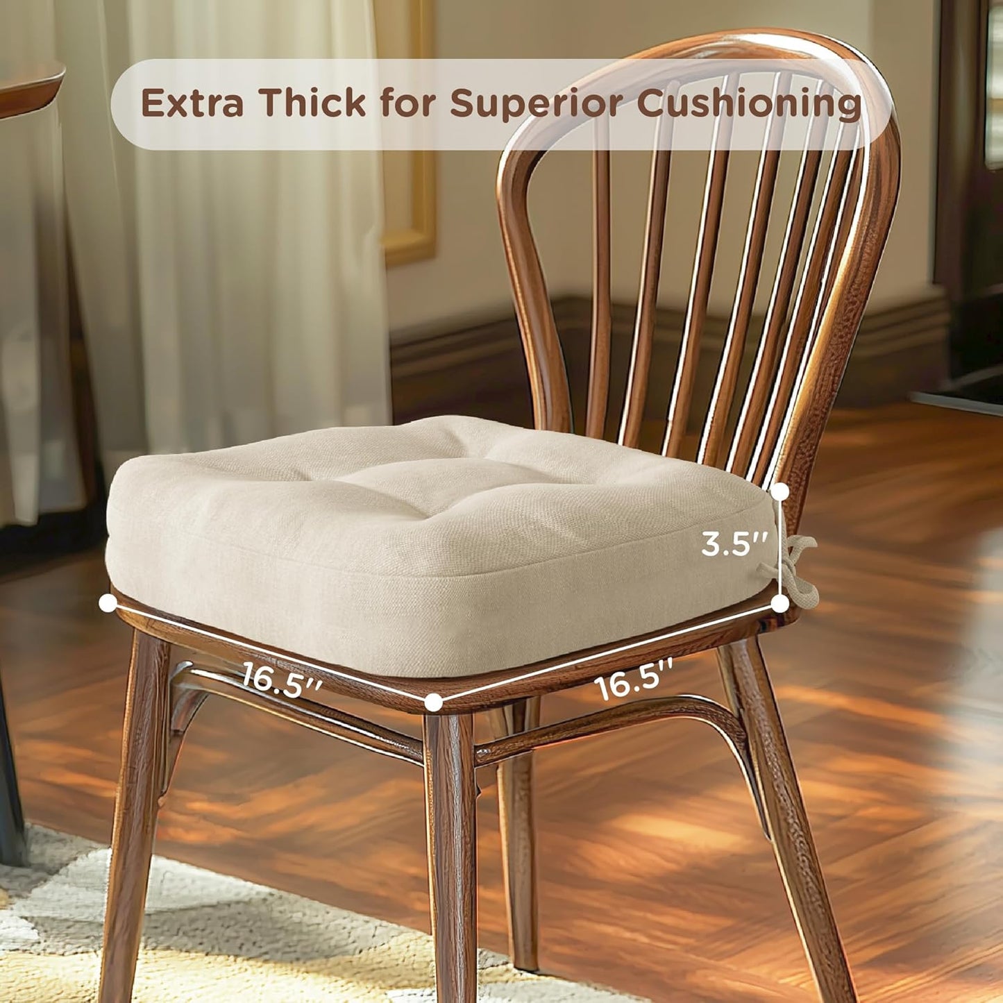 Codi 6 Pack Dining Chair Cushions, Thick Chairs Pads for Indoor Kitchen Room - Washable, Non-Slip Seat Cushion with Ties, 16.5"x16.5"x 3.5", Set of 6, Beige