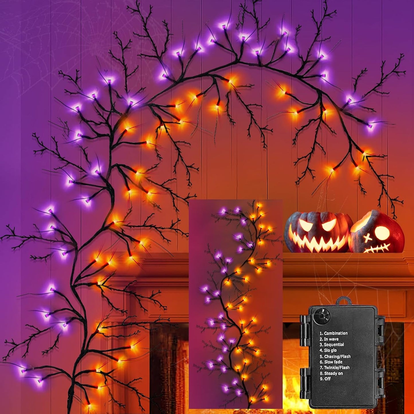 [8 Modes & Timer] Halloween Decorations Willow Vine Twig Garland, 6 FT 54LED Willow Vine Twig Lights Orange Purple LED Lights for Indoor Wall Fireplace Halloween Decorations