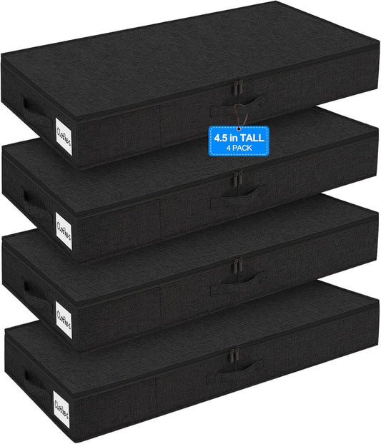punemi Shallow Under bed Storage Container Bags, Low Profile Underbed Zipper Storage Bins W/Sturdy Side & Bottom Support,Fabric Thin Storage Drawer For College Dorm,33.5 x 15.8 x 4.5inch Black,4 Pack