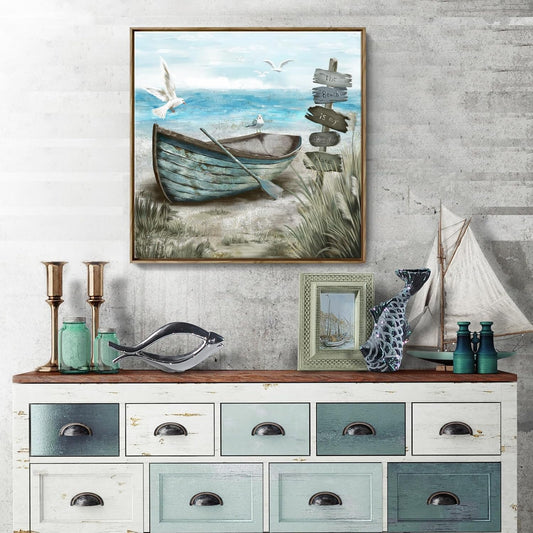 Framed Wall Art Bedroom Nautical Decor Boat Canvas Picture Rustic Coastal Sand Canvas Print Ocean Beach Painting Seascape Sea Bird Vintage Ship Artwork for Seaside Home Living Room Office Bathroom