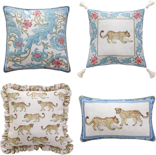 patdrea Designer Throw Pillow Covers for Couch,Vintage French Linen Pillows Cover with Cheetah Pattern and Luxury Pendant,Fall Farmhouse Decorative Pillowcases for Bed Living Room Outdoor Set of 4