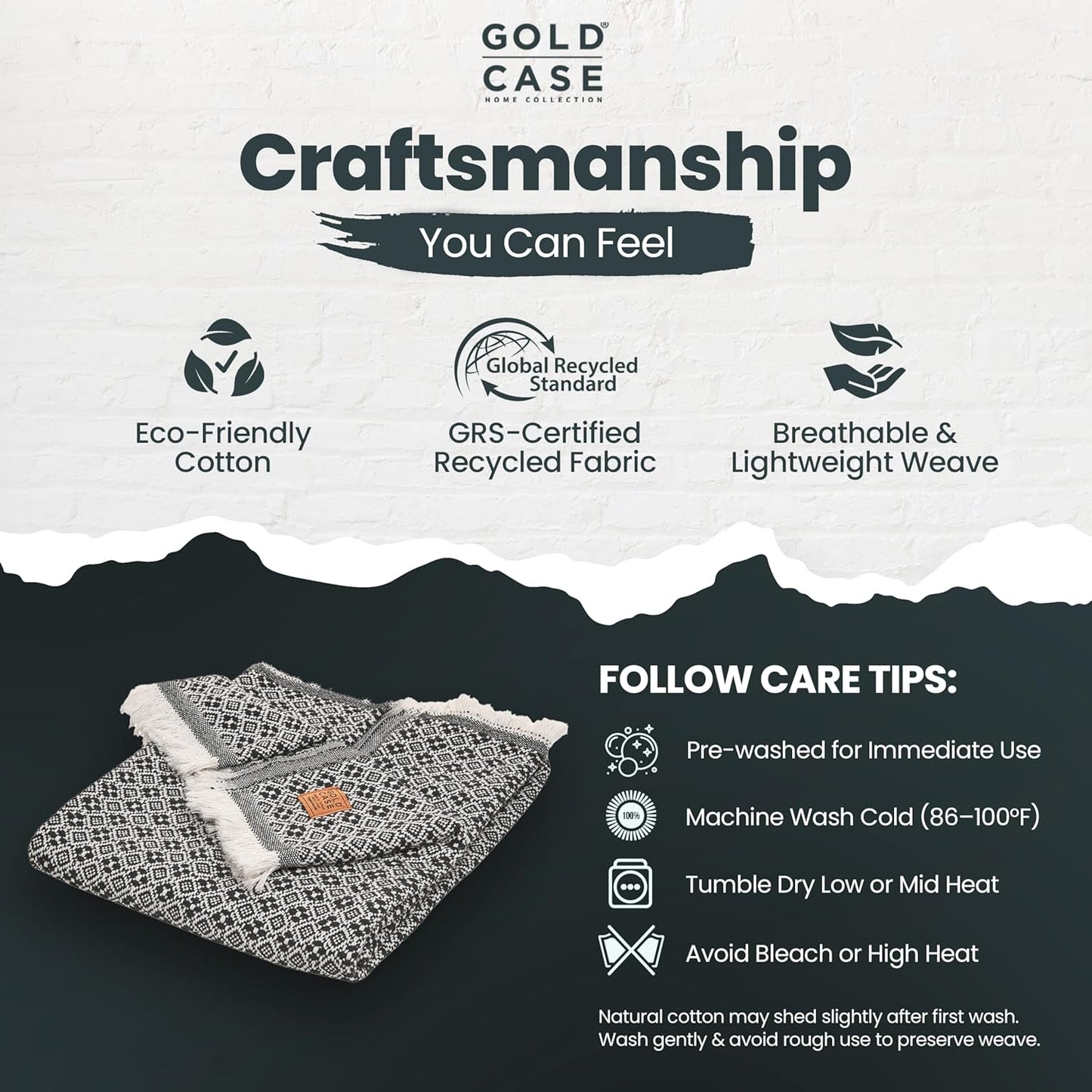 Gold Case Throw Blanket for Couch – 100% Recycled Turkish Cotton Blankets & Throws – Elegant Decorative Throw Blankets for Living Room Sofa – Woven Throws for Couch – Retro Black – 50x60