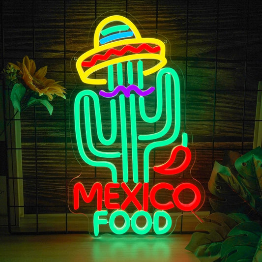 Mexican Food Neon Sign Cactus Neon Lights Dimable Colorful LED Mexican Art Lights Wall Decor for Mexican Restaurants Bars Food Trucks Unique Gift for Taco Enthusiasts Fiesta Parties (15×9.1inch)