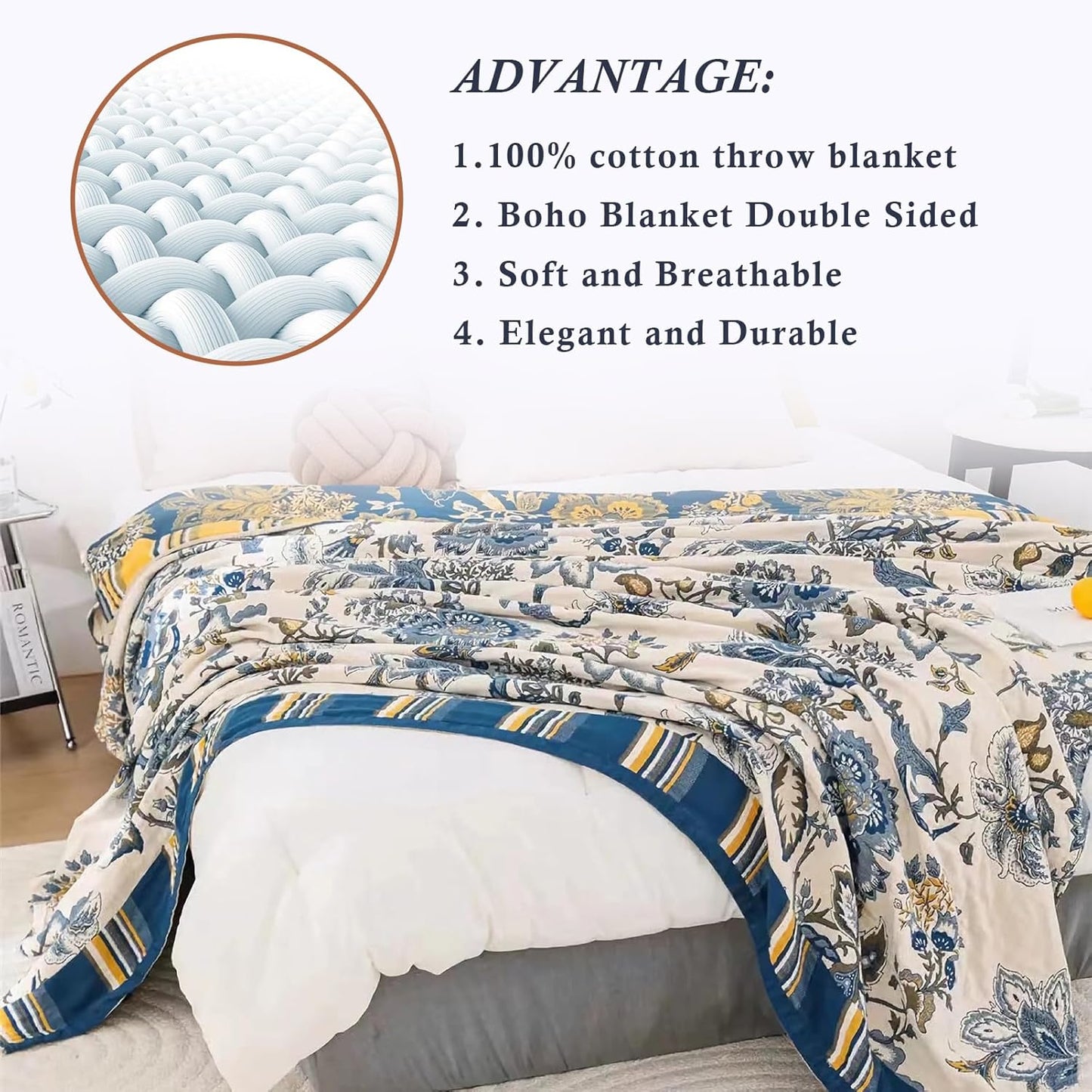 Snycler Boho Throw Blanket for Bed - 100% Cotton Ultra Soft Rustic Quilt - White Blue Floral Printed Farmhouse Decor Bed Blankets, 80"×90" All Season Rustic Throw for Sofa Couch Chair