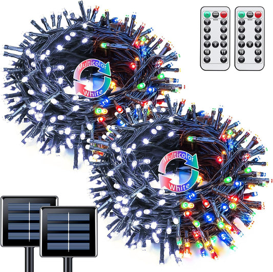 JMEXSUSS 2 Pack White & Multicolor Solar Christmas Lights Outdoor, Each 100 LED 33ft Solar Color Changing Lights Outdoor Waterproof for Christmas Tree Yard Decorations