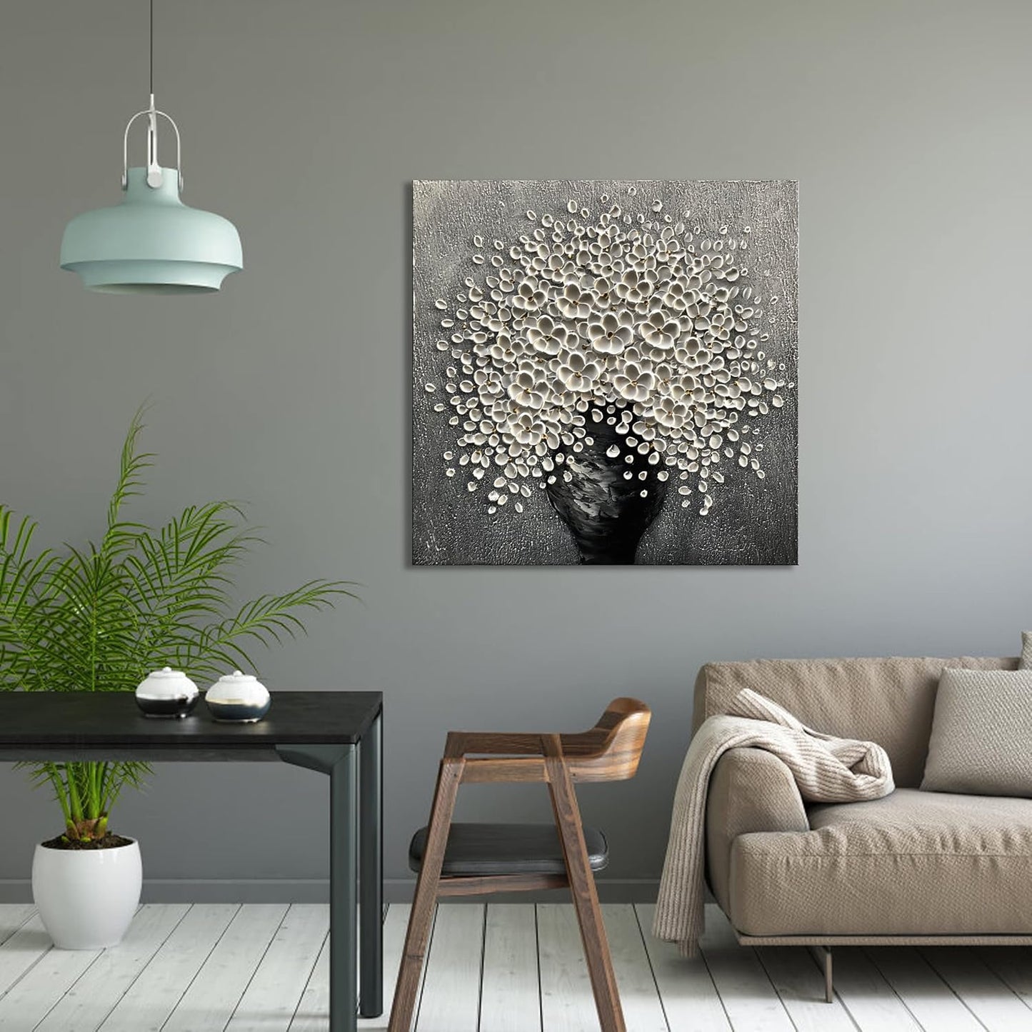 Canvas Wall Art Grey and white flower painting, 30x30 inchs modern flower tray knife painting, bedroom kitchen dining room living room office home wall decoration