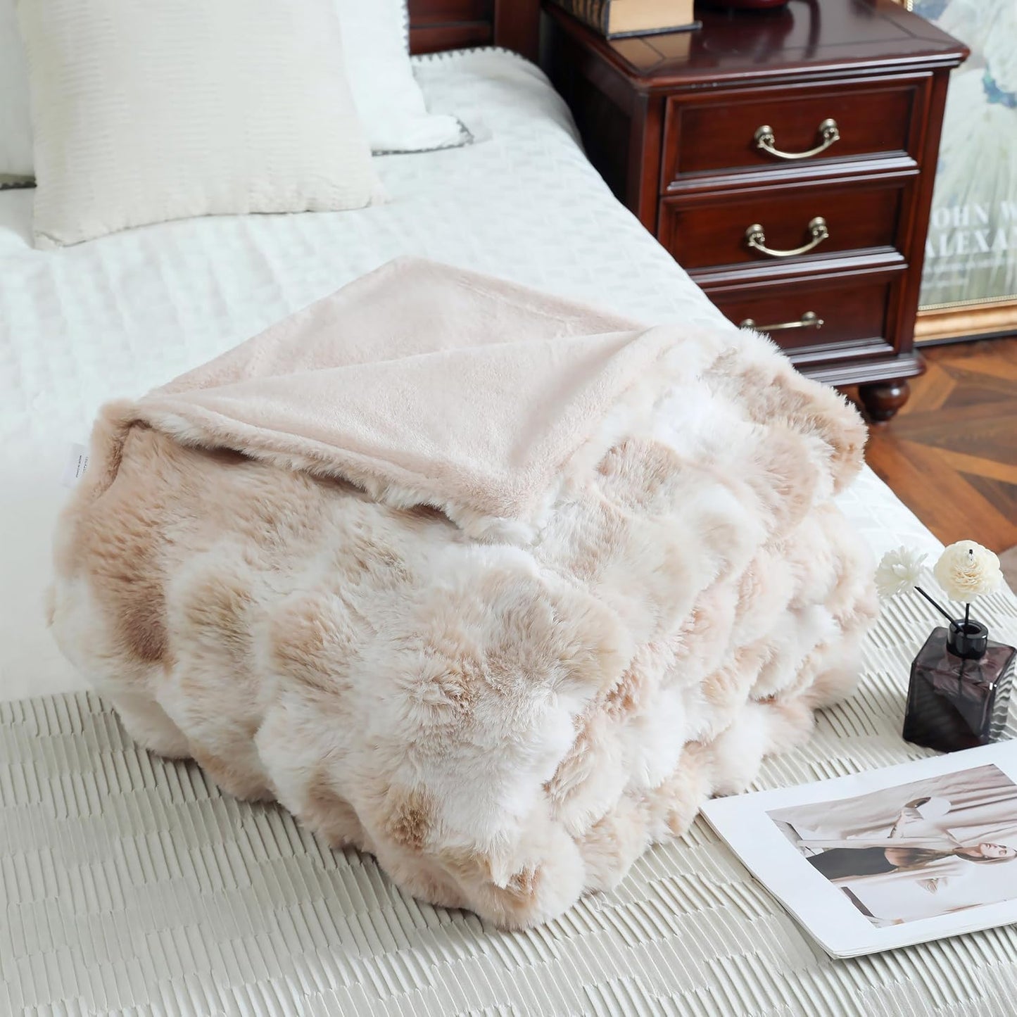 UKELER Camel Faux Fur Throw Blanket 50''x60'' Decorative Shaggy Velvet Blanket Fluffy Cozy Plush Warm Bed Throws for Couch, Sofa, Office, Camping