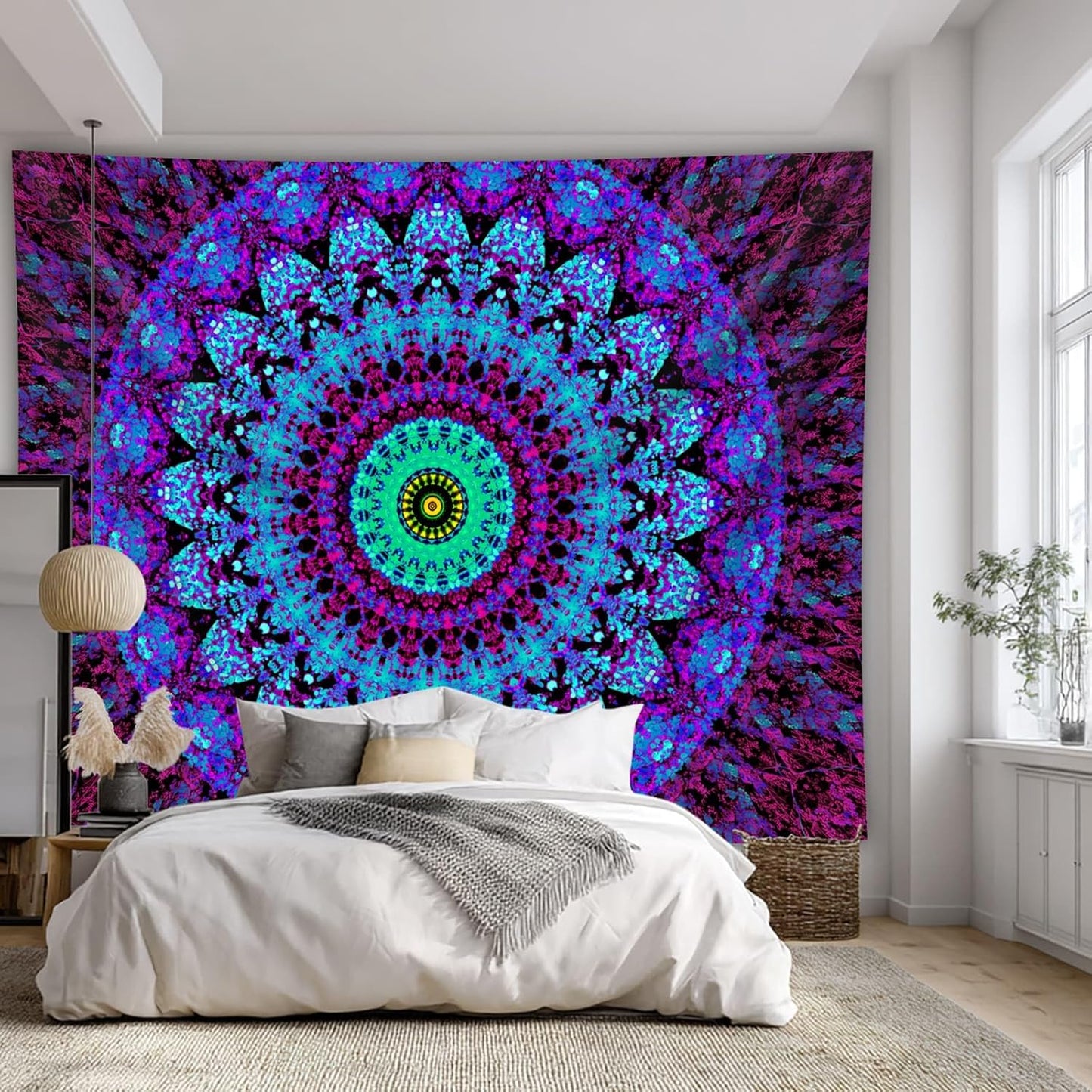 Blacklight Mandala Boho Tapestry, Black Light Bohemian Hippie Poster for Adults and Teens, UV Reactive Aesthetic Wall Art Decor for Bedroom (40 x 30 Inches)
