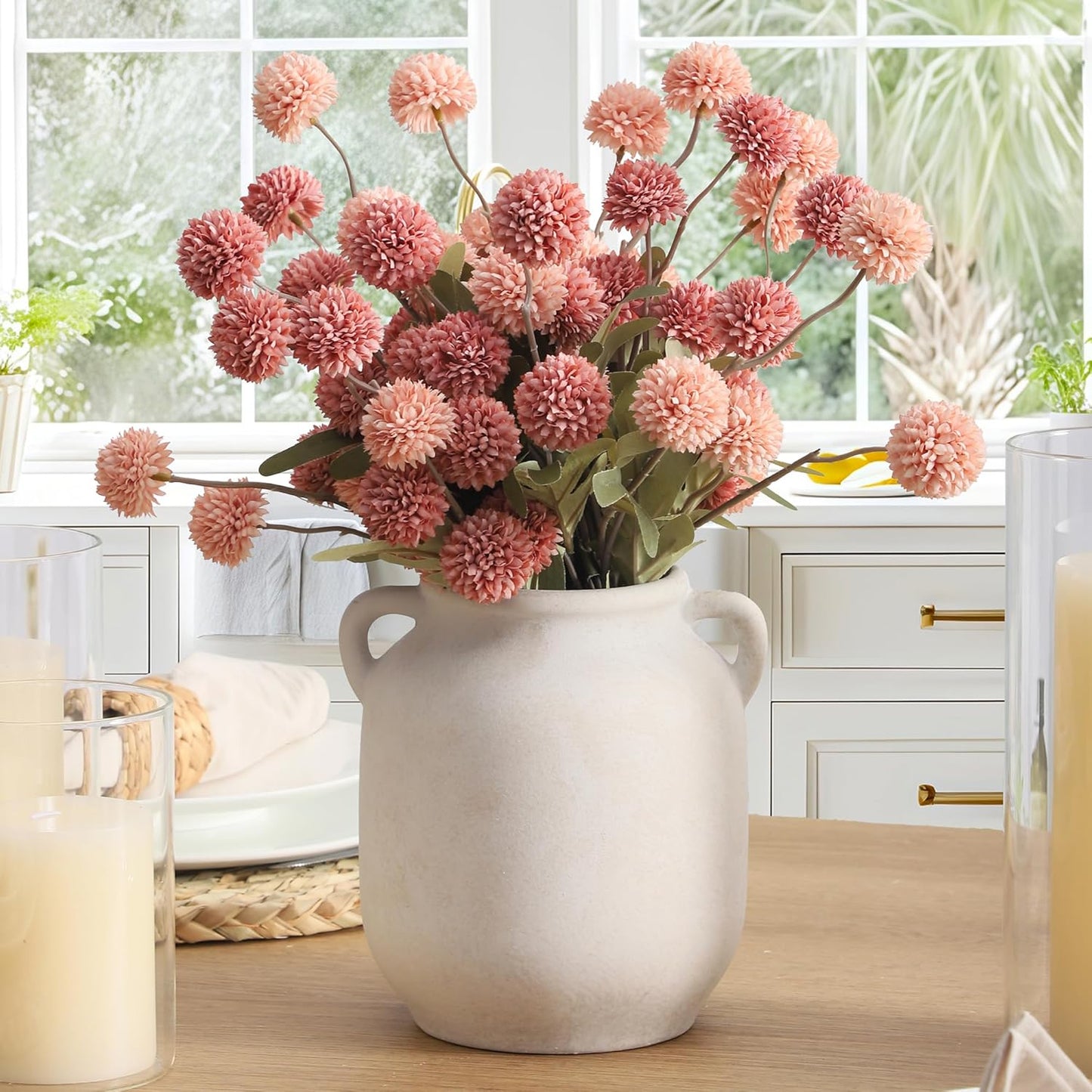 Ceramic Flower Vase Home Decor - 7.6 Inch Farmhouse Rustic White Table Vases with Handle Living Room Decoration Decorative Vintage Pottery for Kitchen Shelf Coffee Dining Desk Bookshelf Fireplace