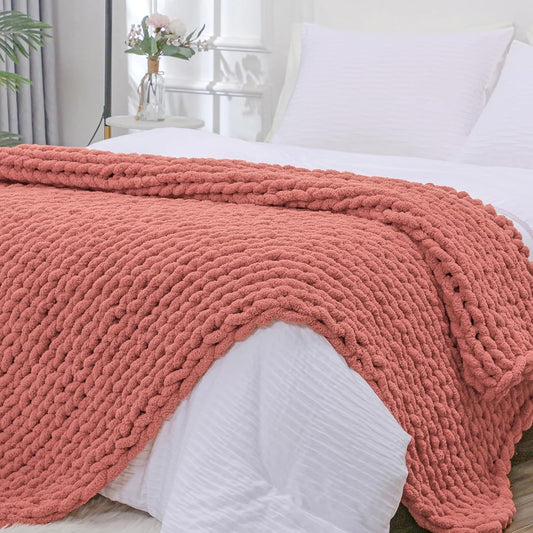 Bigacogo Chunky Knit Throw Blanket for Couch, 40x80 inches, 100% Hand Knitted with Thick Jumbo Chenille Yarn, Cozy Soft Large Rope Knot Cable Crochet Blankets for Sofa Bed Living Room, Antique Red