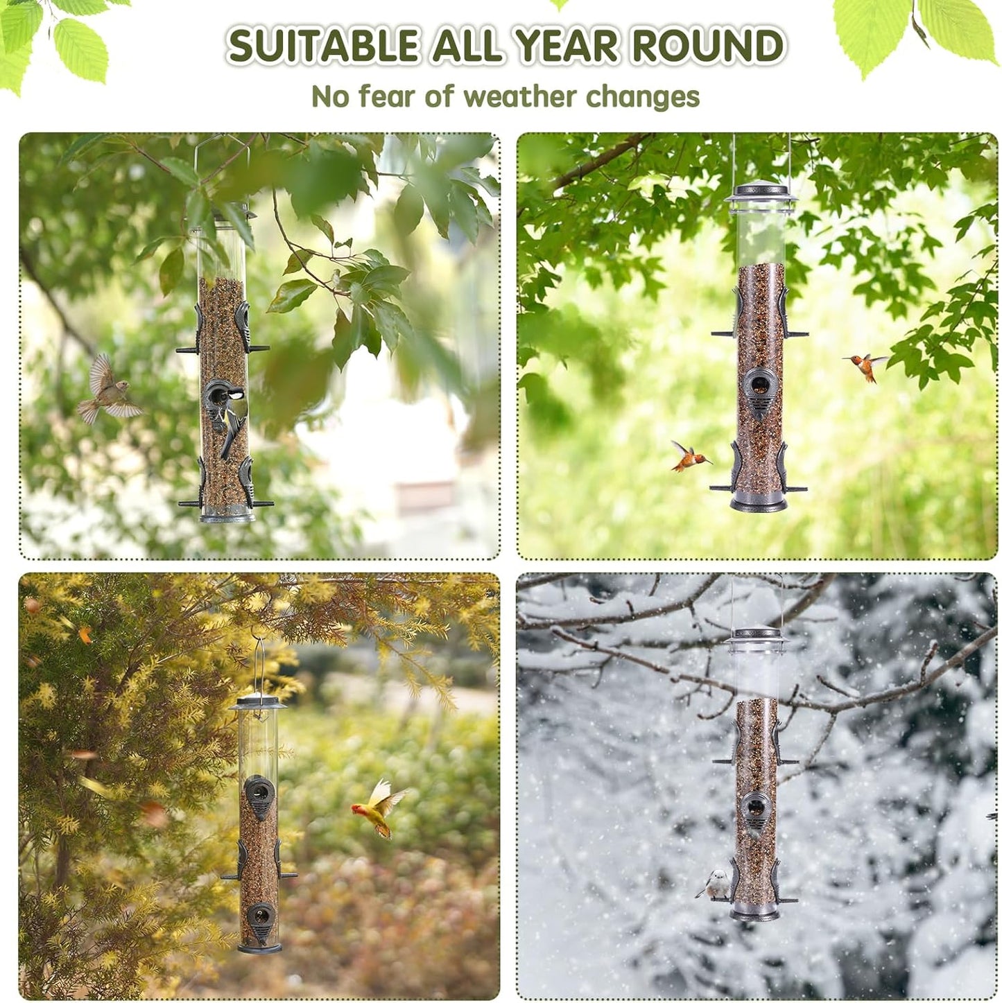 MIXXIDEA 2PK Metal Wild Bird Feeder Squirrel Proof Bird Feeders for Outside Hanging 6 Port Tube Bird Feeder Transparent Finch Feeder with Steel Hanger (Grey)