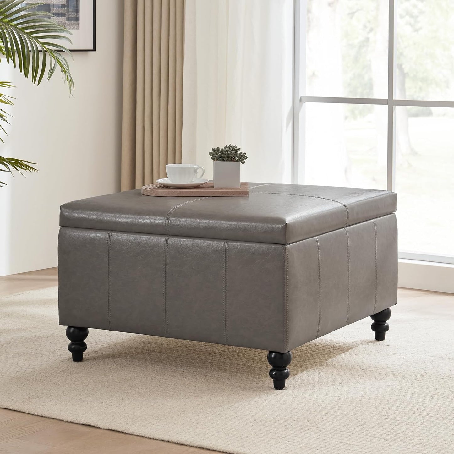 HUIMO Square Leather Storage Ottoman,Ottoman Coffee Table with Storage for Living Room (Taupe)