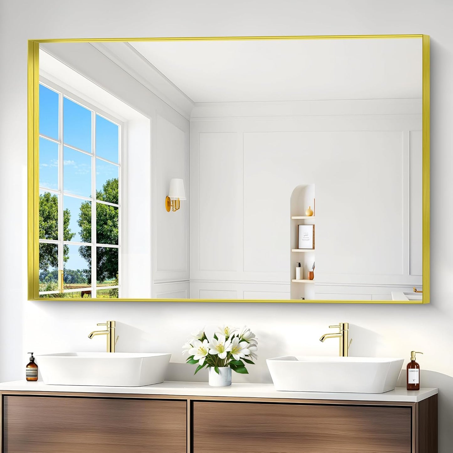 Gold Bathroom Mirror, 60x40 Inch Rectangular Framed Mirror, Large Wall Mounted Bathroom Vanity Mirror Over Sink for Bedroom,Restroom, Living Room, Hangs Vertically or Horizontally