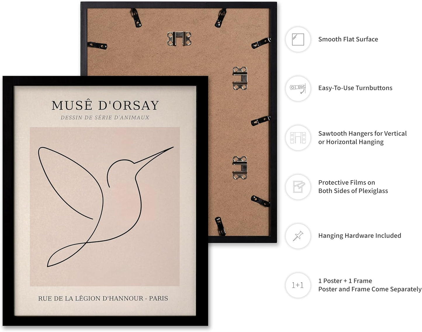 Poster Master Vintage Poster - Retro One Line Hummingbird Drawing Print - Bird Line Art - Minimal Gift for Him, Her, Animal Lover - Abstract Decor for Home, Office, 16x20 Black Framed