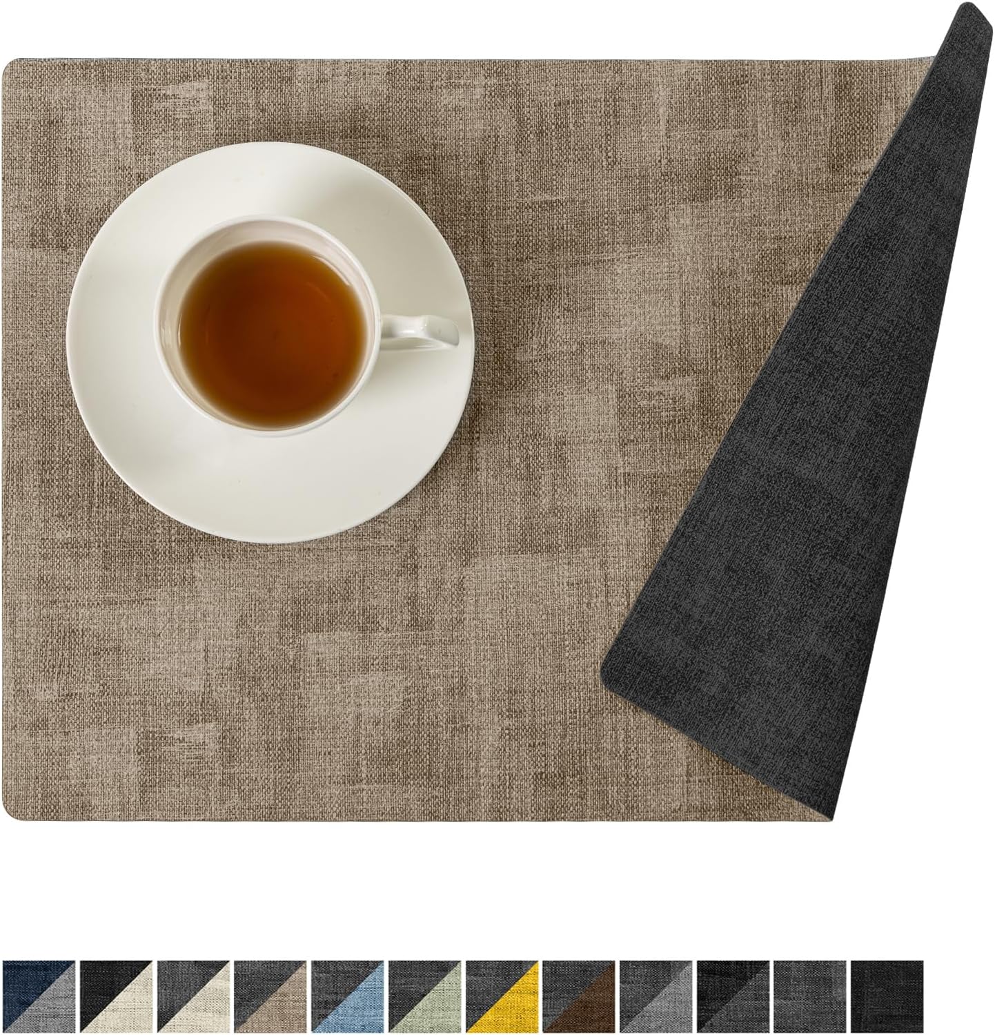 Romanstile Reversible Vinyl Placemats Set of 8, Faux Leather 100% Waterproof Oil-Proof Wipeable Place Mats, Heat Resistant Dual Sided Table Mats for Kitchen/Dining/Party (Grey Khaki, 12 x 17 Inch)