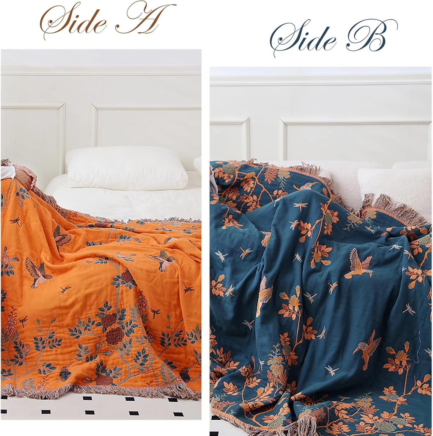 Snycler Boho Throw Blanket for Bed, 100% Organic Cotton Muslin Soft Throw-Floral Bird Farmhouse Rustic Spring Summer Fall Decor Blanket for Couch Sofa Quilt and Gift, 80" x 90" Orange