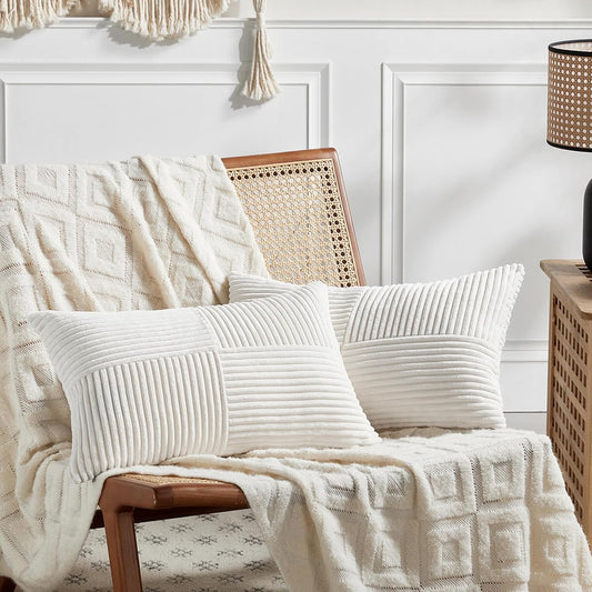 Fancy Homi 2 Packs Cream White Long Lumbar Decorative Throw Pillow Covers 16x24 Inch for Couch Bed Sofa, Rustic Farmhouse Boho Home Decor, Soft Striped Corduroy Rectangle Accent Cushion Case 40x60 cm