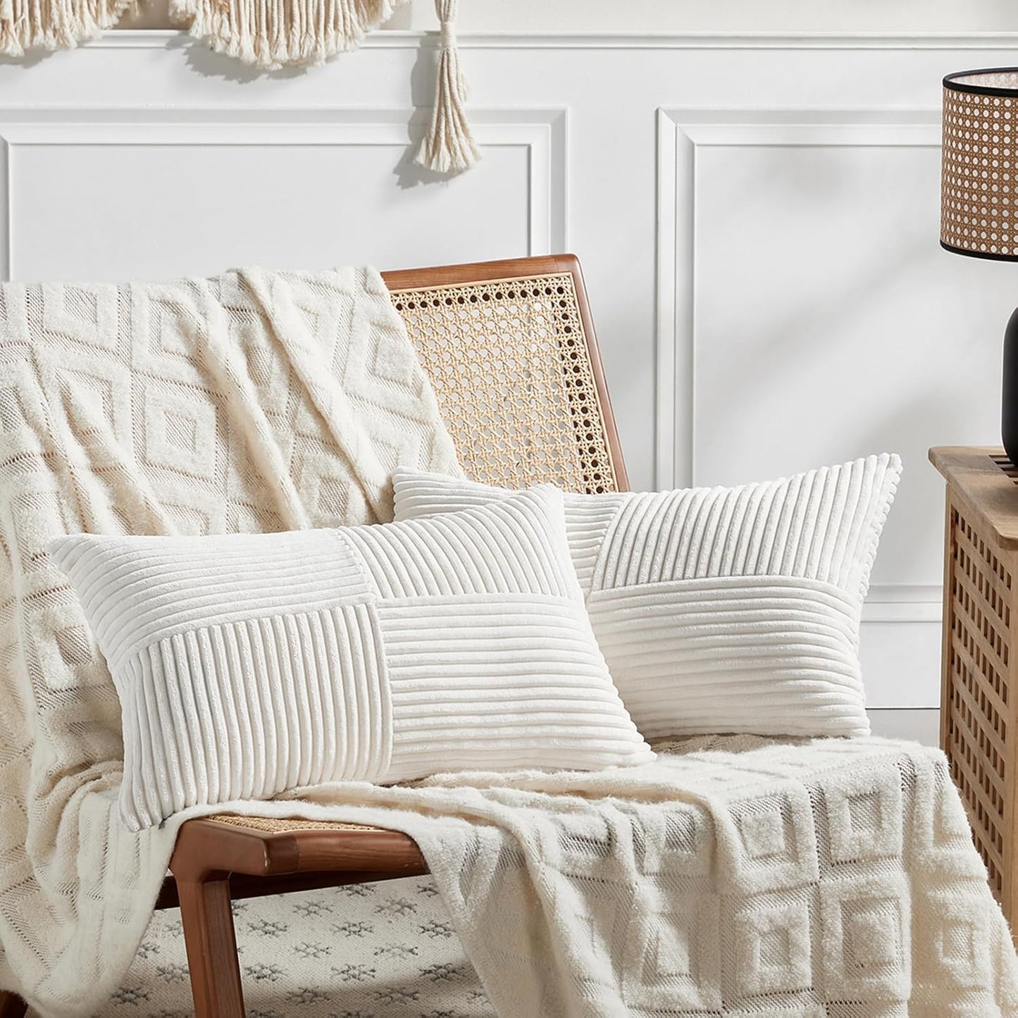 Fancy Homi 2 Packs Cream White Long Lumbar Decorative Throw Pillow Covers 12x24 Inch for Couch Bed Sofa, Rustic Farmhouse Boho Home Decor, Soft Striped Corduroy Rectangle Accent Cushion Case 30x60 cm