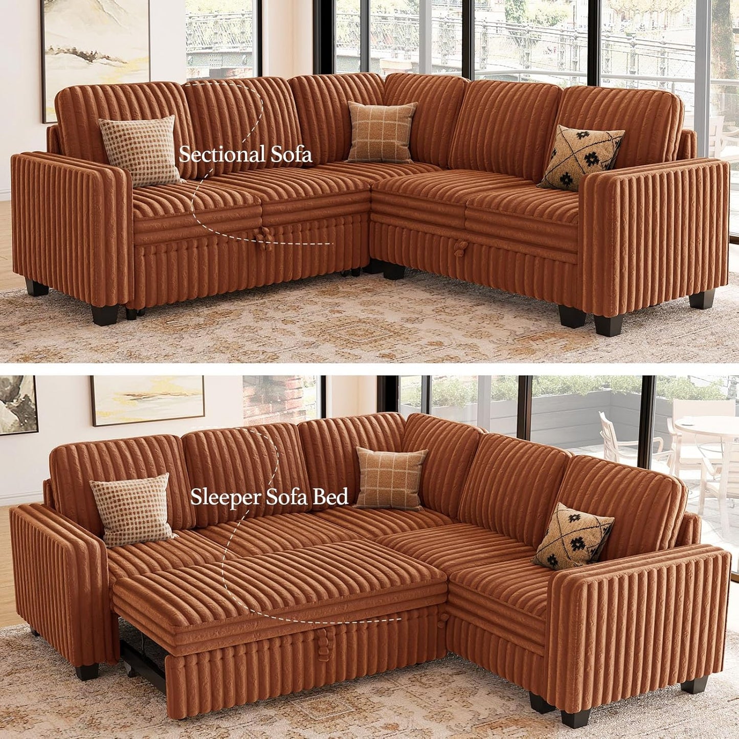 Belffin Plush Corduroy Modular Sectional Sofa with Pull Out Bed Convertible Small Sectional Corner Couch for Living Room Brick Red Couch
