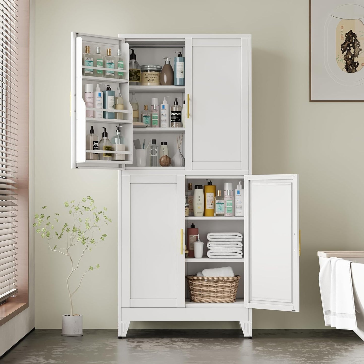 75" H Metal Storage Cabinet, Pantry with 6 Door Shelves and 4 Adjustable Shelves, Leveling Foot for Kitchen, Living Room and Dinning Room, White