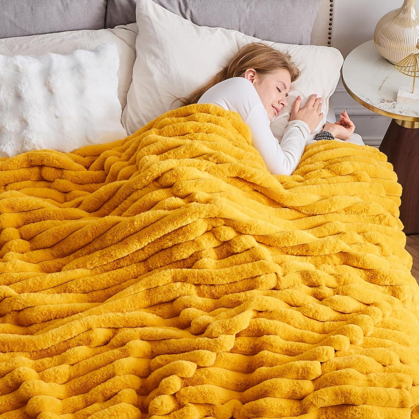 NEWCOSPLAY Faux Fur Throw Blanket Mustard Yellow 3D Ribbed Plush Thick Warm Blanket for Couch Sofa Bed 850GSM (Mustard Yellow Ribbed, Throw(50"x60"))