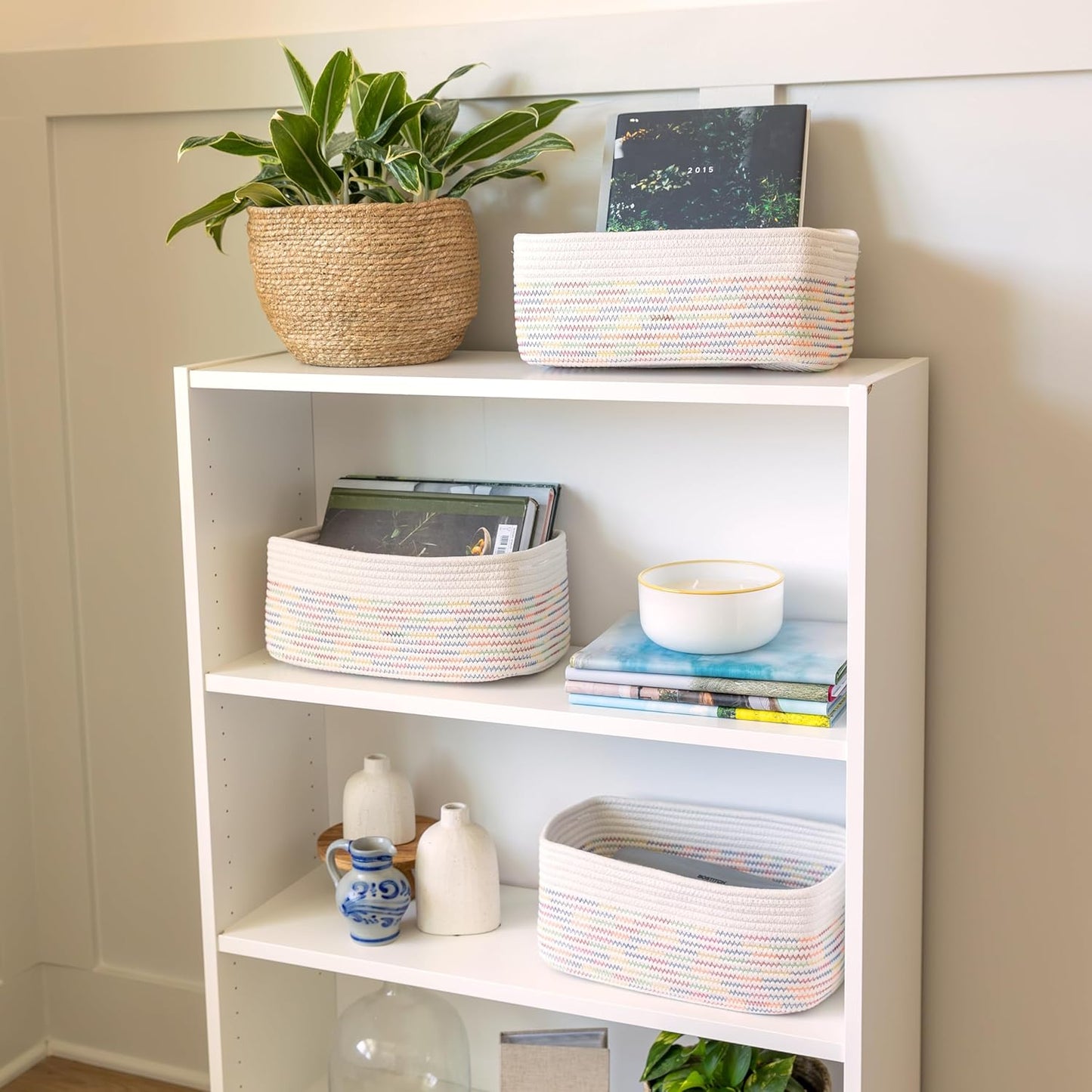 NaturalCozy 13.5”x8.5”x5.5” Rectangle Storage Baskets for Shelves 3 Pack | Cotton Rope Woven Small Baskets for Organizing | Small Storage Bins for Nursery, Bathroom, Closet, Shelf, Decorative