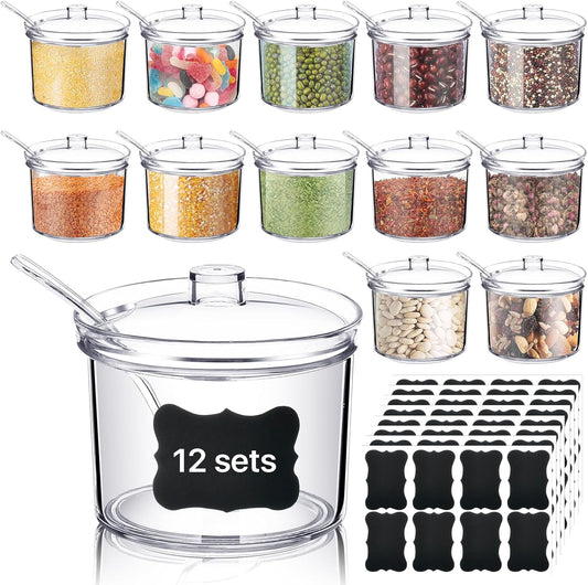 12 Pcs Acrylic Sugar Bowl with Lid and Spoon,7.1 Oz Clear Condiment Storage Pot,Sugar Jar Spices Container for Home Kitchen,Coffee Bar,Restaurant