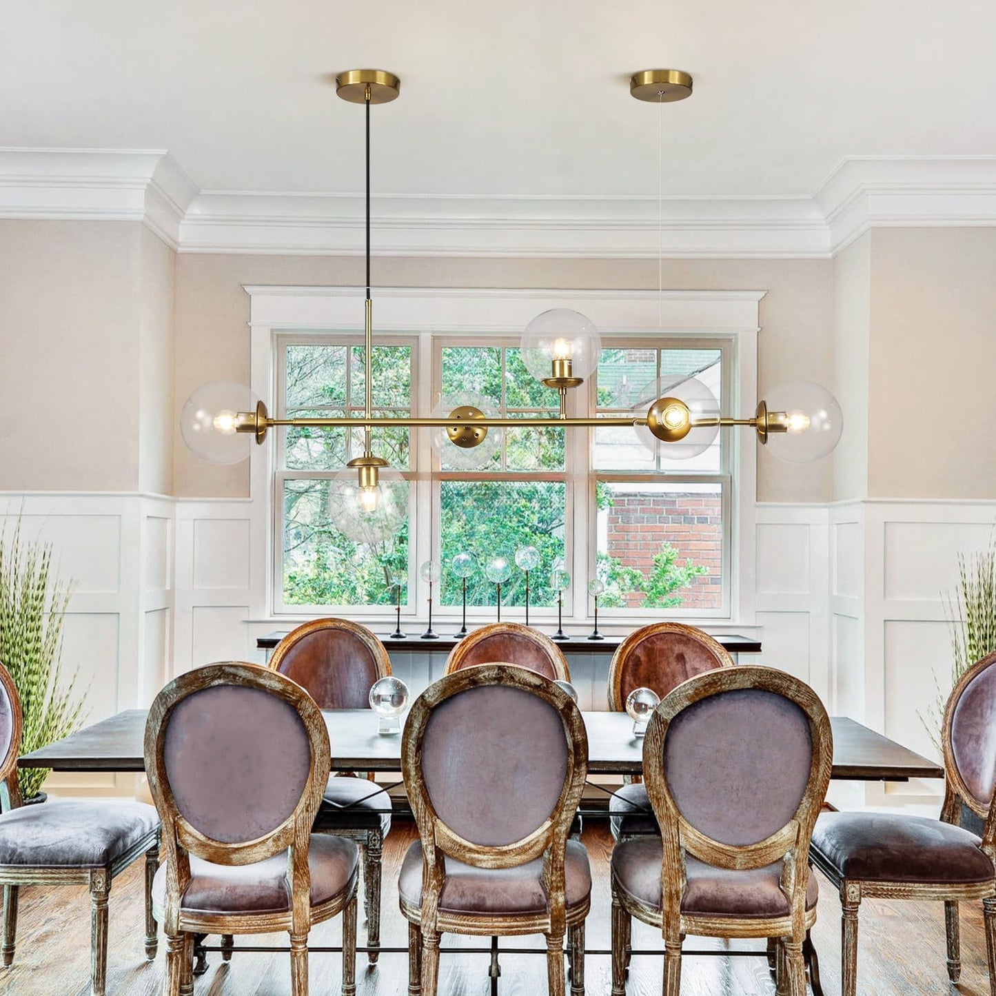 KCO Lighting 6 Light Bubble Chandelier Lighting Clear Glass Globe Chandelier Brass Gold Linear Pendant Light Mid Century Modern Pendant Light for Living Room Kitchen Island Dining Room