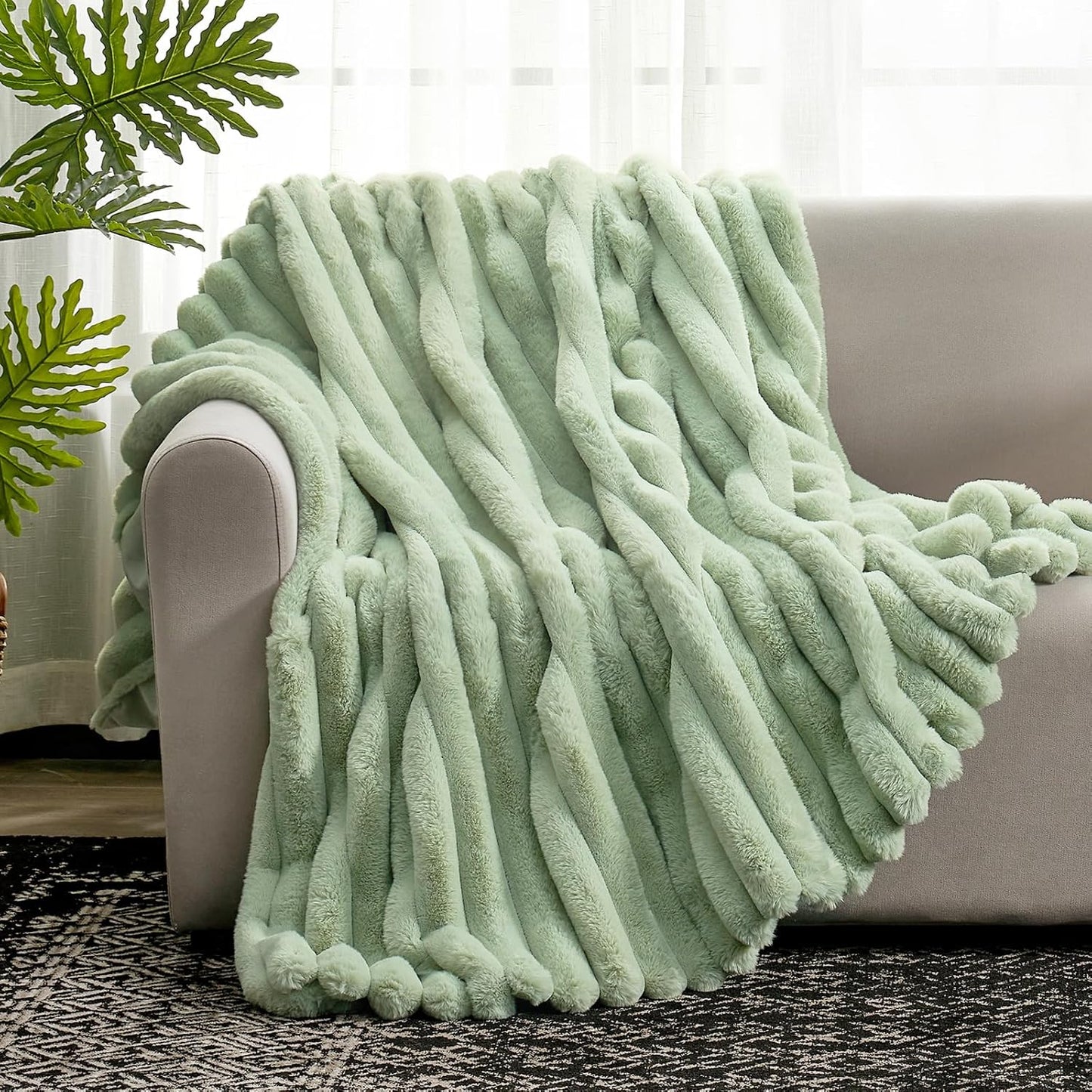 Cozy Bliss Faux Fur Throw Blanket for Couch, Cozy Warm Plush Striped Blanket for Sofa Bedroom Living Room, 60 * 80 Inches Sage Green