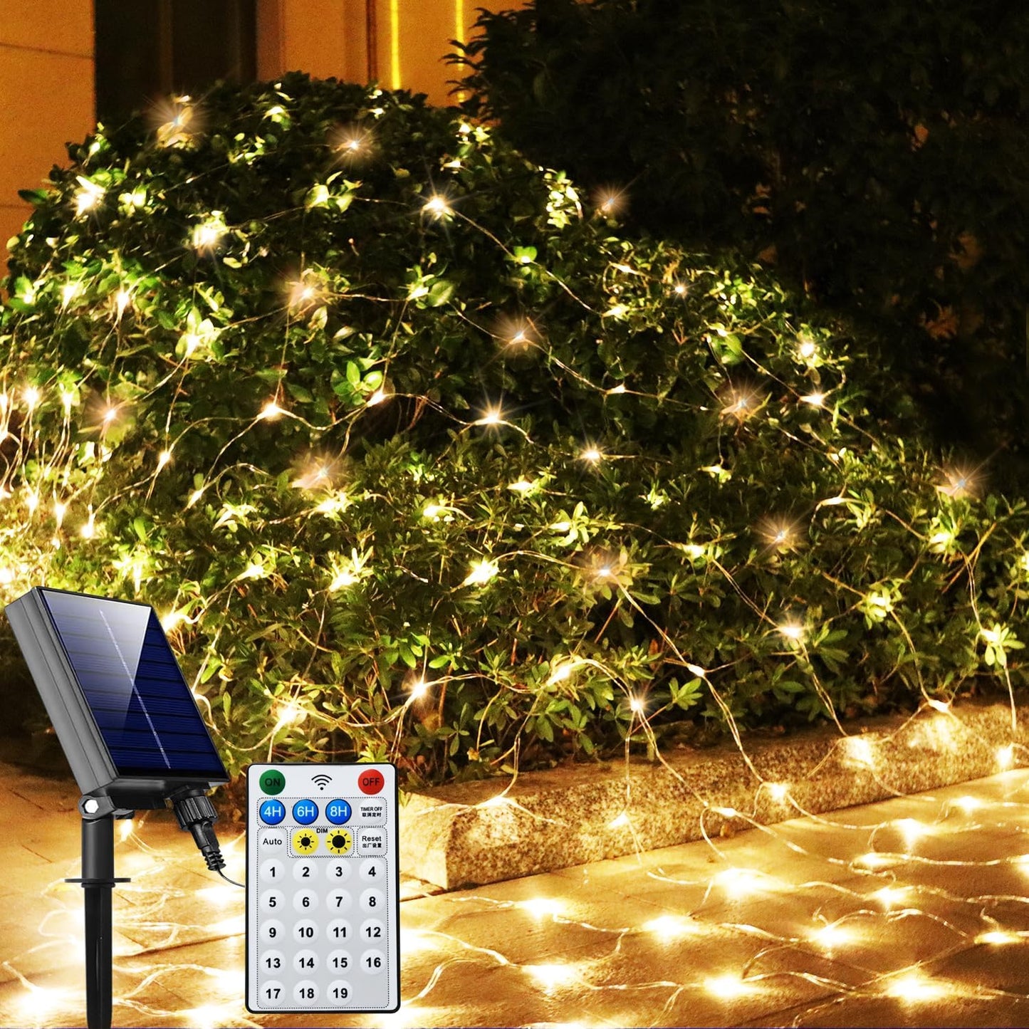 Solar Net Christmas Lights Warm White, 200 LED Net Lights Outdoor Mesh Lights, 19 Modes Solar Powered/USB String Lights for Garden, Yard, Bushes, Trunk, Halloween, Xmas Tree Decor