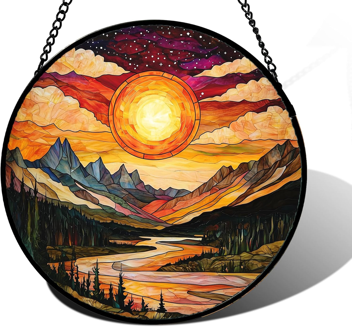 Stained Glass Window Hanging, Dusk Sunset Landscape Sun Catchers Glass Panel Lakes and Mountains Suncatcher Decor for Birthday for Women, Men, Wife, Aunt, and Mom 11.8x11.8 in