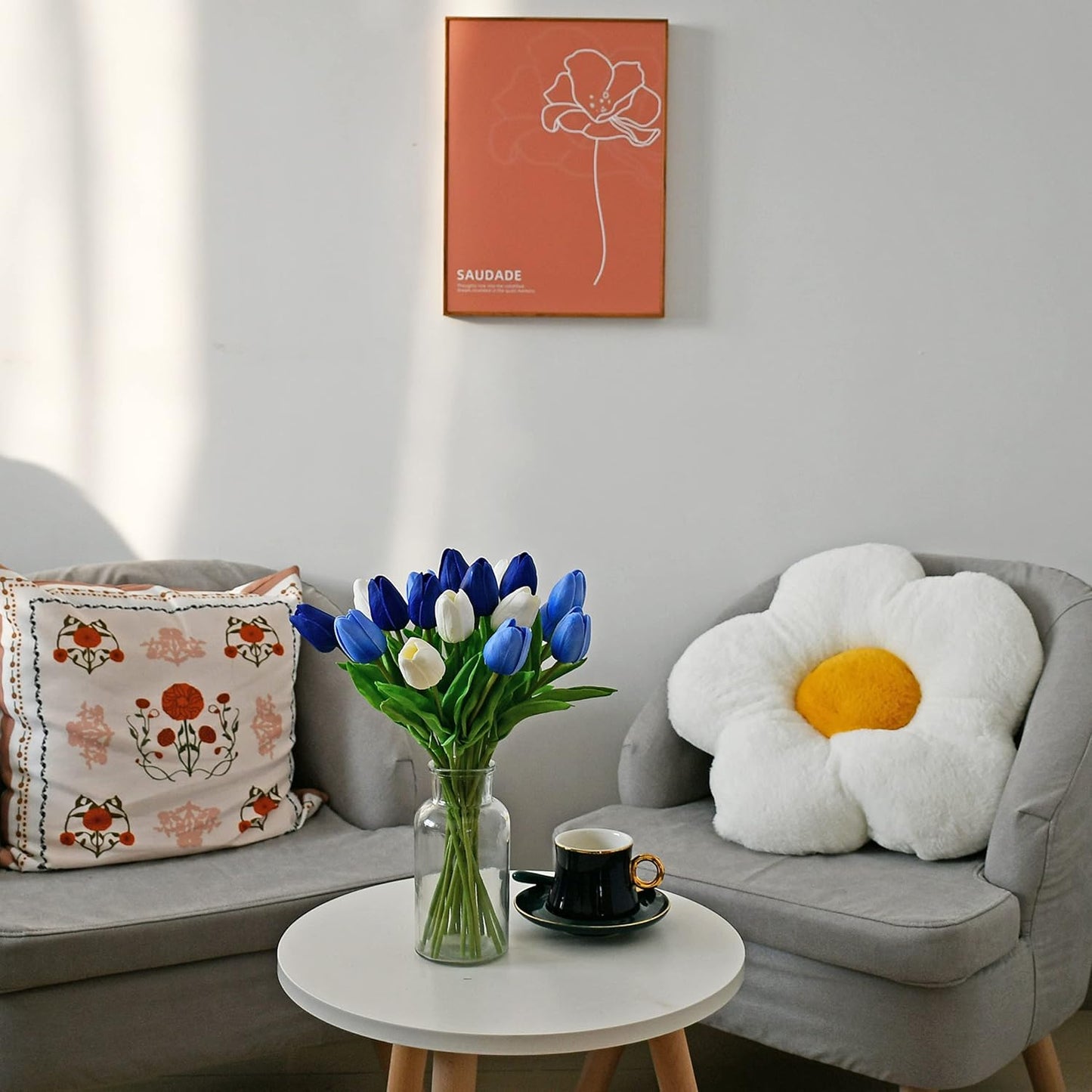 Mandy's Artificial Tulips 20 Stems Shades of Blue PU Faux Flowers for Wedding Home Decor 13.5 Inch