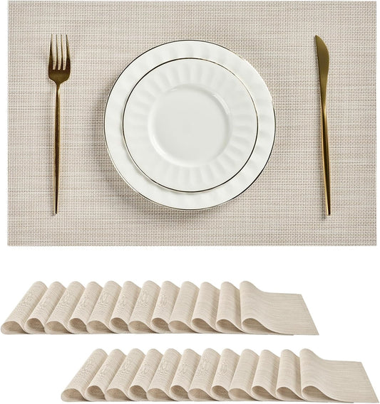 Leetaltree Beige White Placemats Set of 24 - Heat Resistant Non-Slip Place mats for Dining Table, Washable Durable PVC Vinyl Woven Table Mats（Beige White, 24）