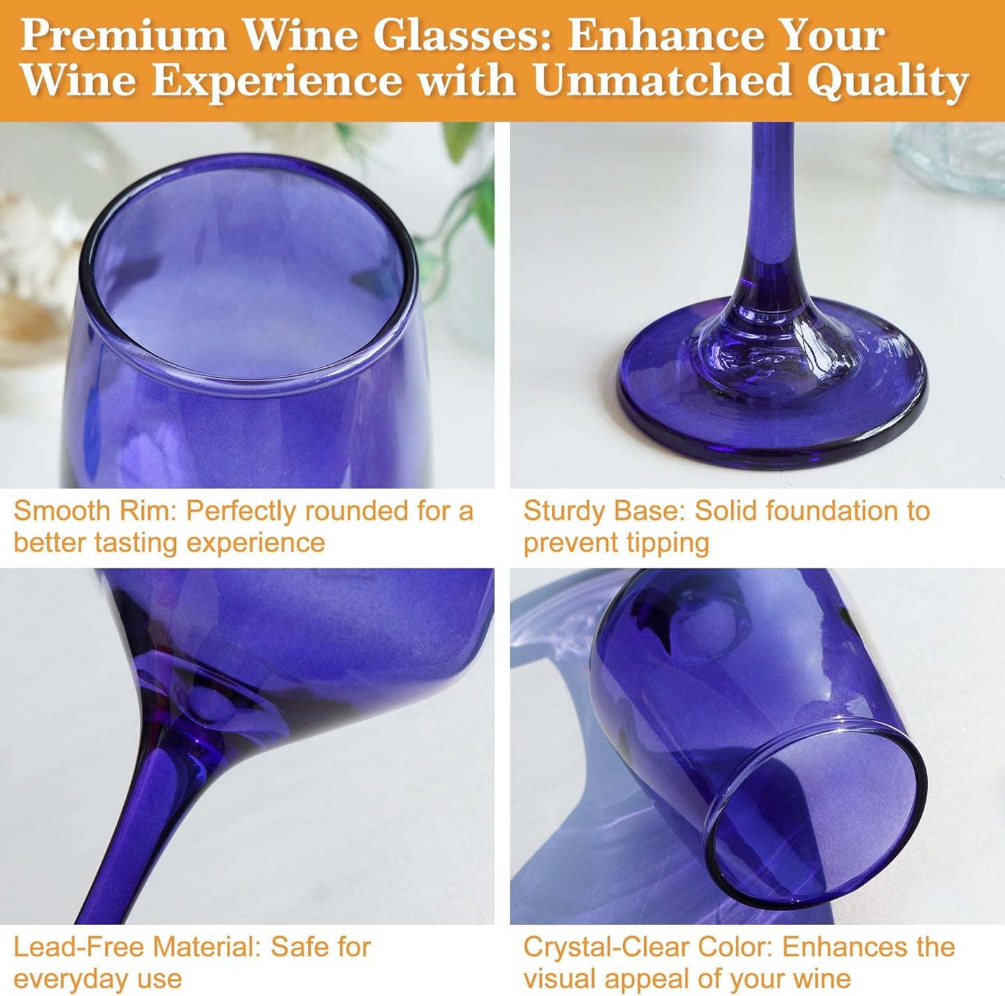 Purple Wine Glasses Set of 6-12oz Purple Long Stem Wine Glass Cups, Pretty Crystal Glassware, Hand Blown Goblets Drinkware, Unique Drinking Stemware Holiday Gift Set