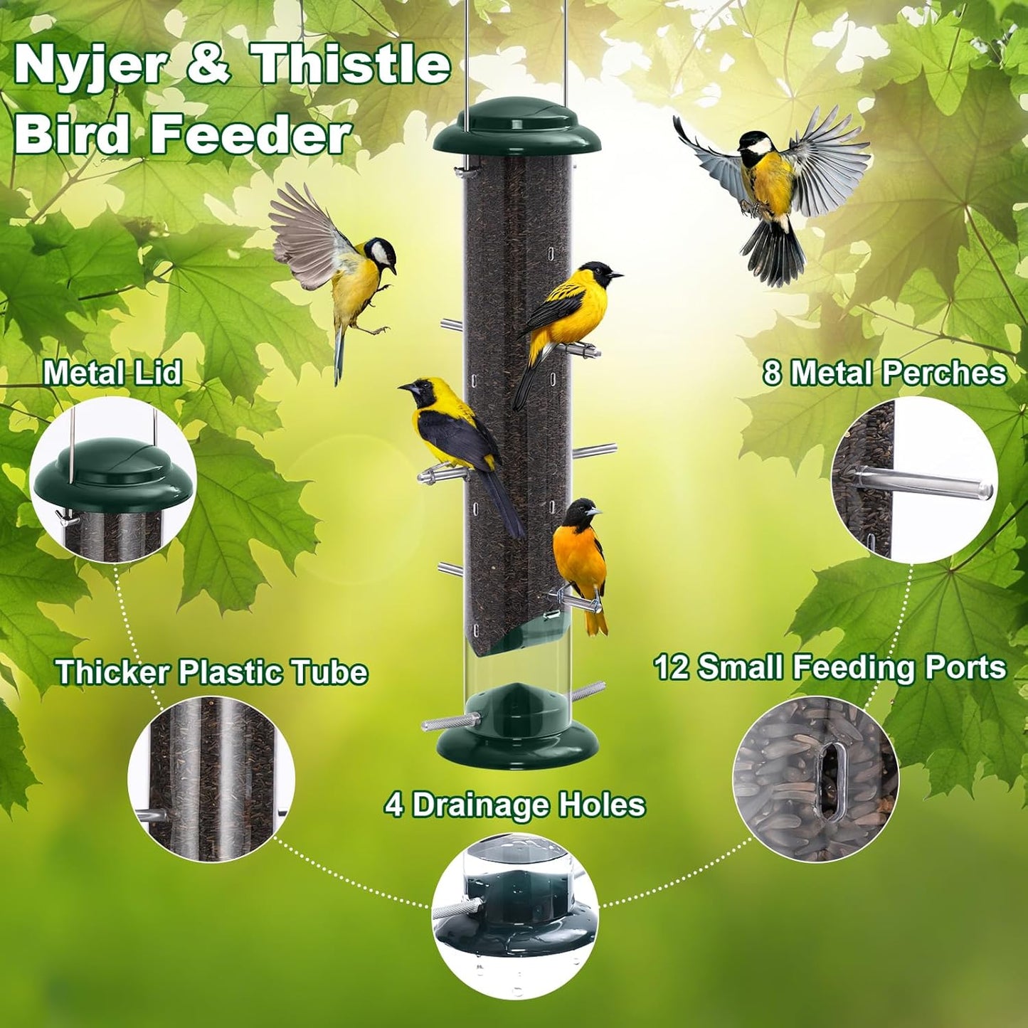 FEED GARDEN Finch Feeders for Outside, Nyjer & Thistle Bird Feeders, 15 Inch Tube Feeder with 12 Small Ports & 8 Perches, Durable Metal Design for Outdoor Hanging, Easy Fill & Clean