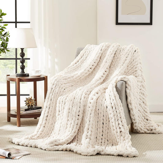 L'AGRATY Chunky Knit Blanket Throw: 72''x84'' Chenille Chunky Knitted Throw Blanket for Bed Couch - Handmade Thick Big Cable Knit Blanket - Large Chunky Crochet Rope Blanket for Home Decor(Ivory)