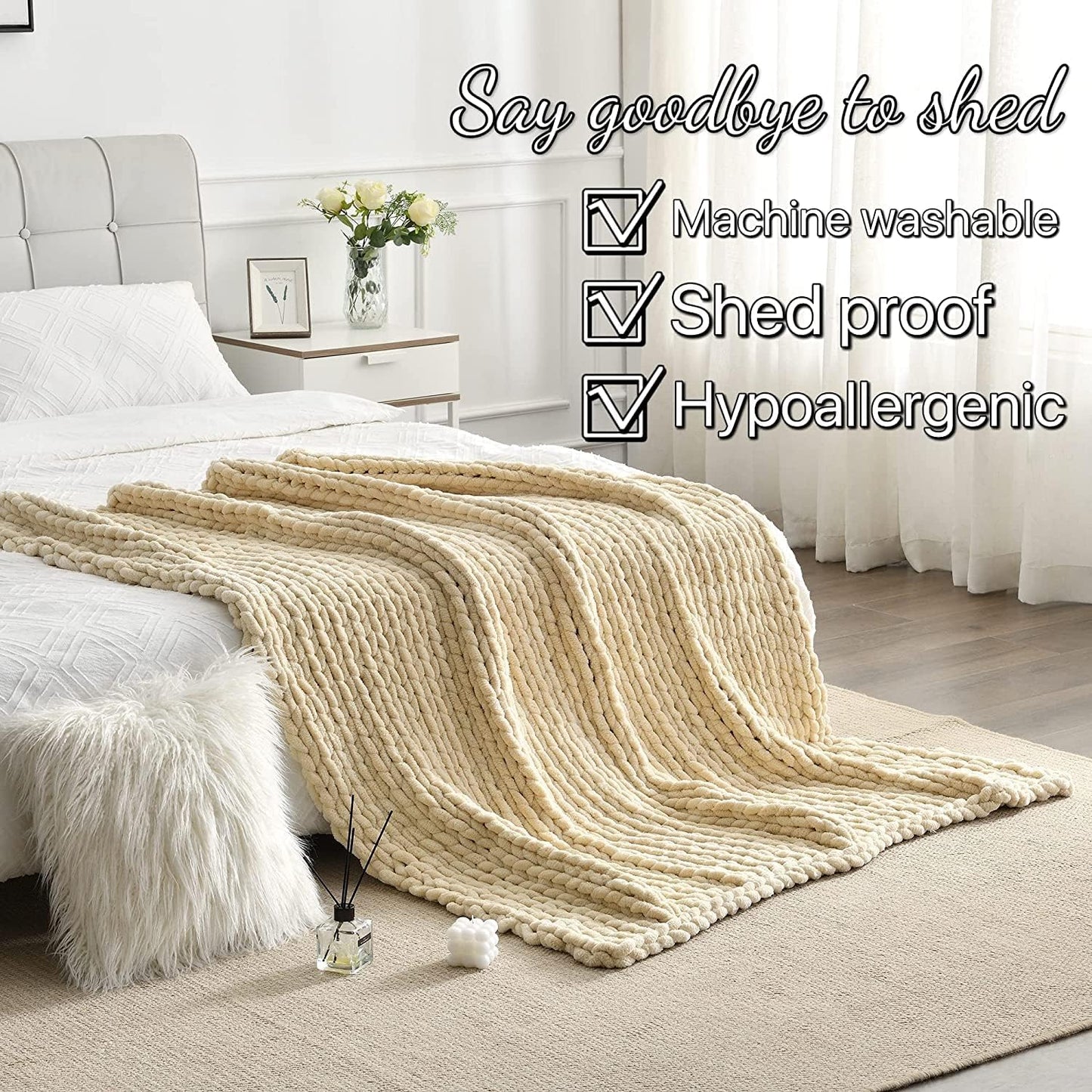 Maetoow Tighter Version Chenille Chunky Knit Blanket Throw （40×50 Inch）, Handmade Warm & Cozy Blanket Couch, Bed, Home Decor, Soft Fleece Banket, Boho Thick Blankets and Giant Yarn Throws，Beige