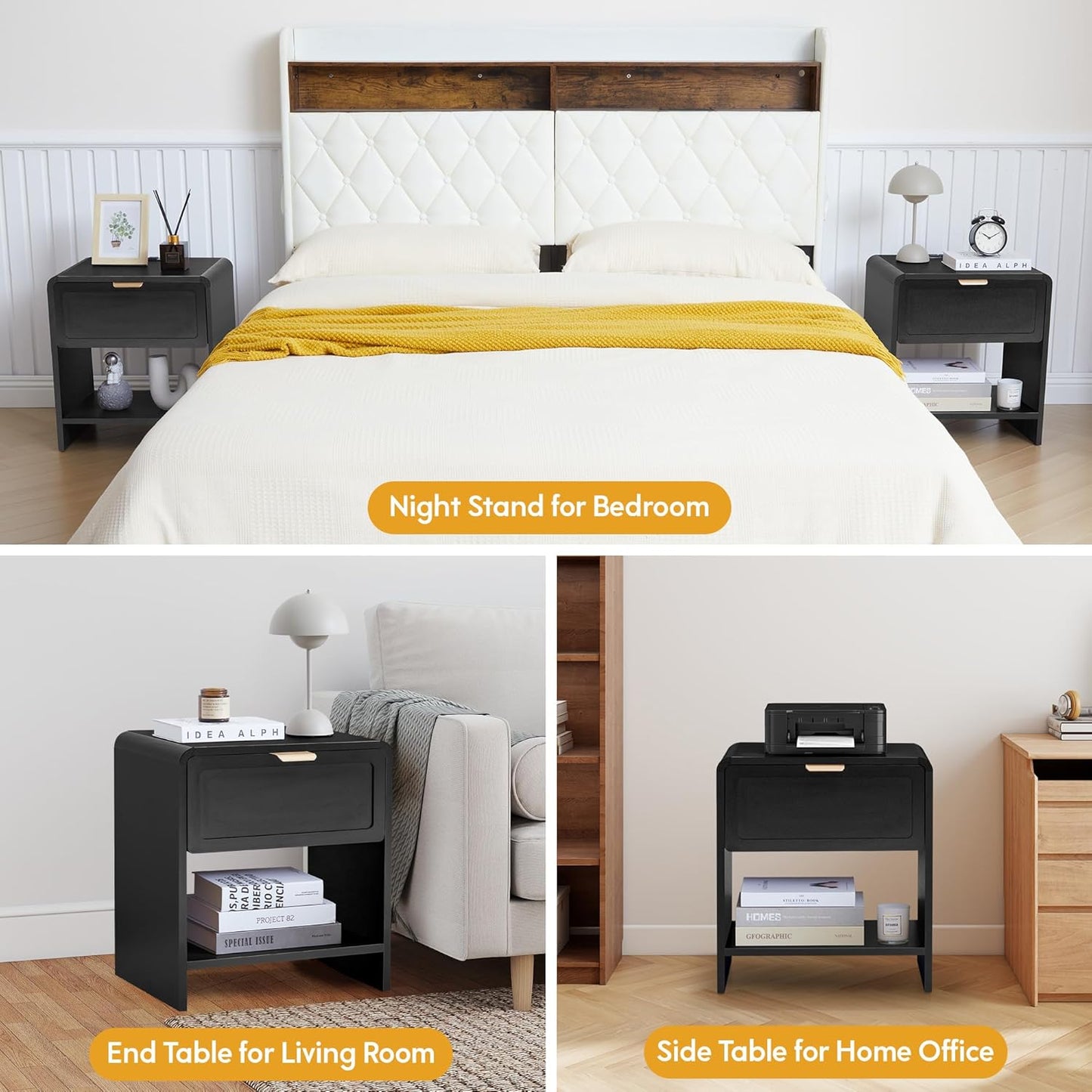 LEVNARY Nightstand Set of 2, Mid-Century Modern Bedside Table with Charging Station and Curved Top Corners, Wooden End Table for Farmhouse Bedroom Living Room (2, Black)