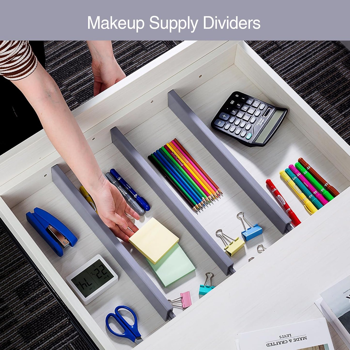 Utoplike Bamboo Drawer Dividers Large, Gray Kitchen Drawer Organizers Adjustable, Spring Loaded, Works in Dresser, Bathroom, Bedroom, Desk, 4 pcs, 2.4" H